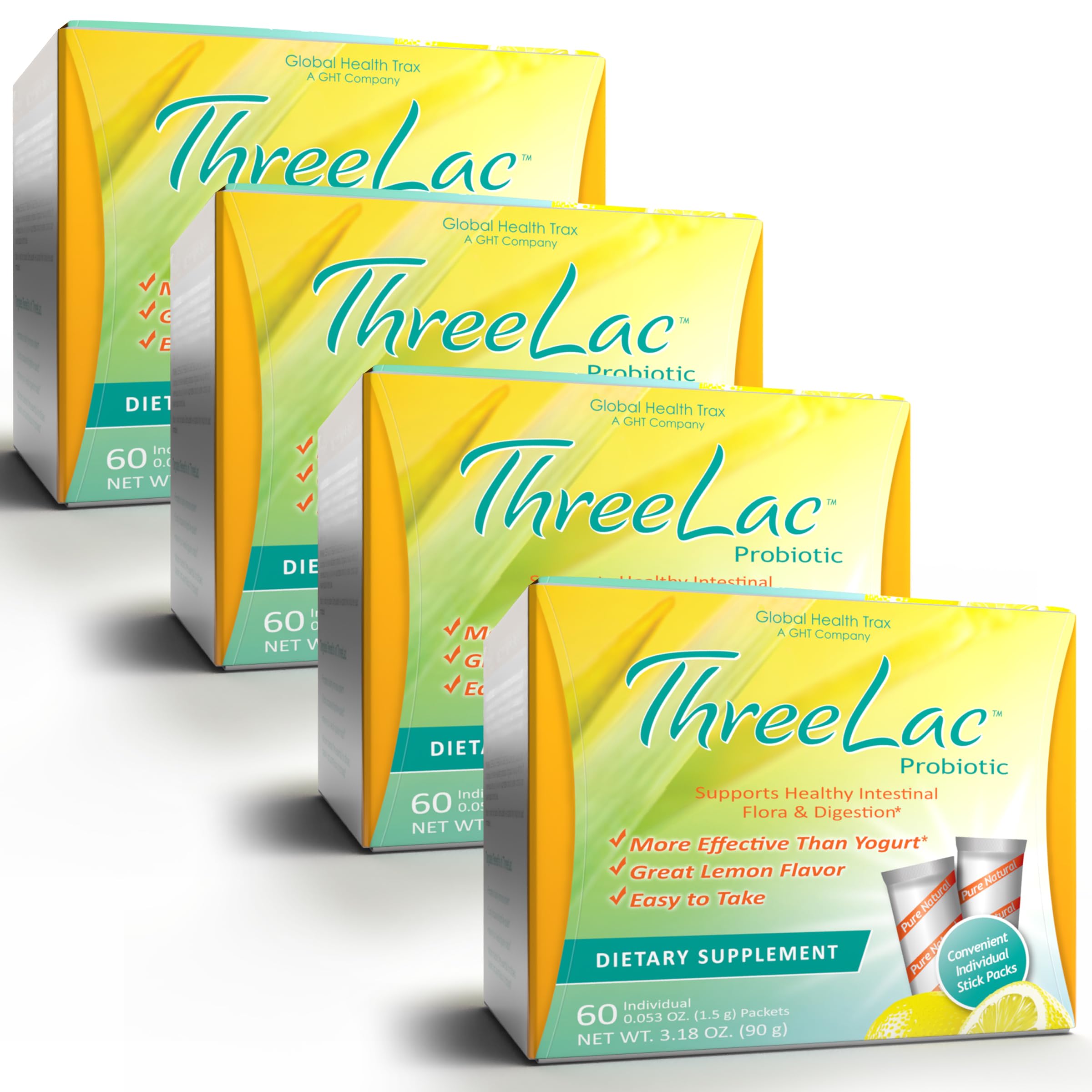 GHT - ThreeLac Lemon Probiotic Drink Mix for Digestive Health - Advanced Probiotic Powder Formula for Men, Women, and Kids - Immune Support & Gut Balance, Non-GMO - 240 Packets ght Global Health TraxAu supplements