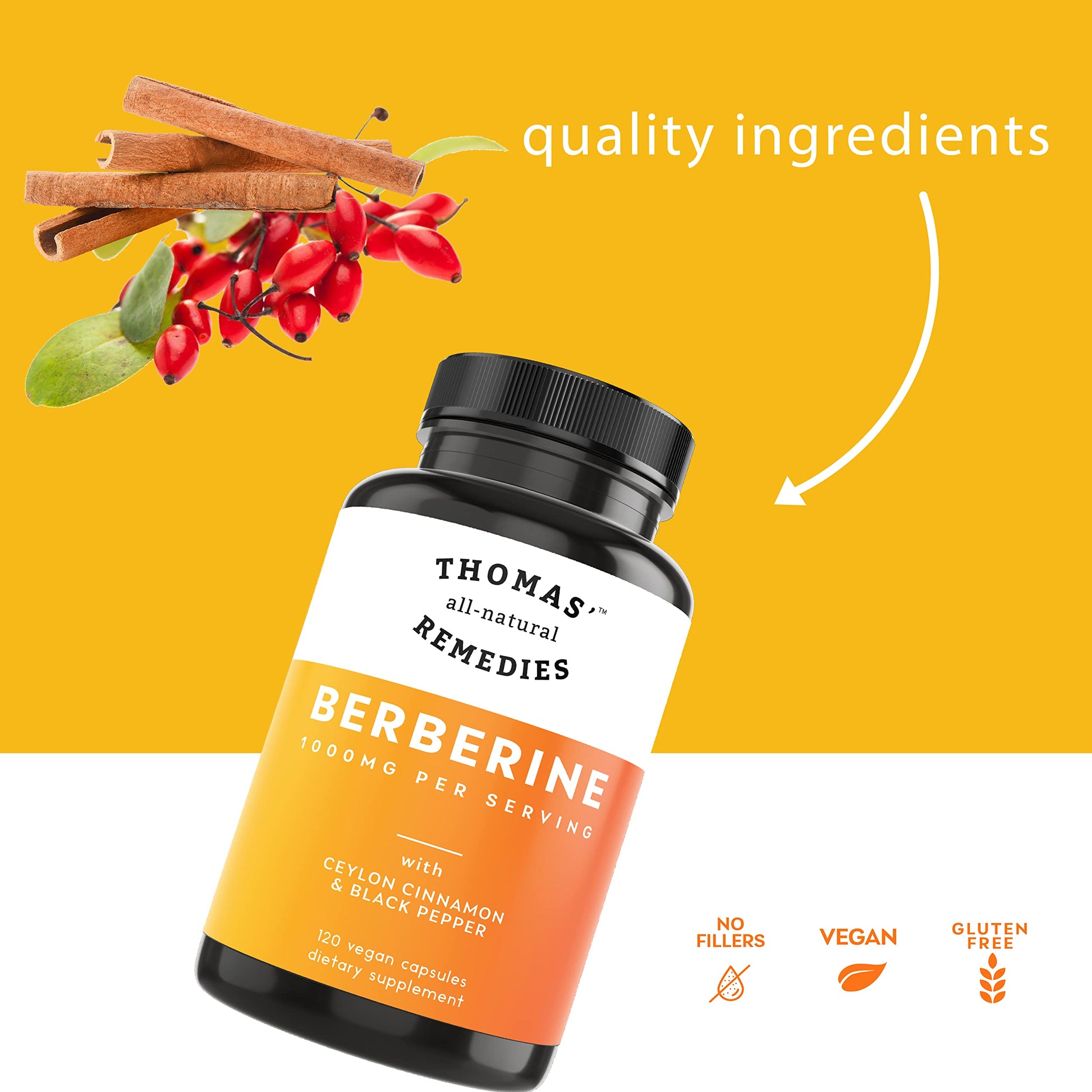 Thomas' all-natural Remedies Berberine 500mg (1000mg Per Serving)- 120 Vegan Capsules Thomas' all-natural RemediesAu supplements
