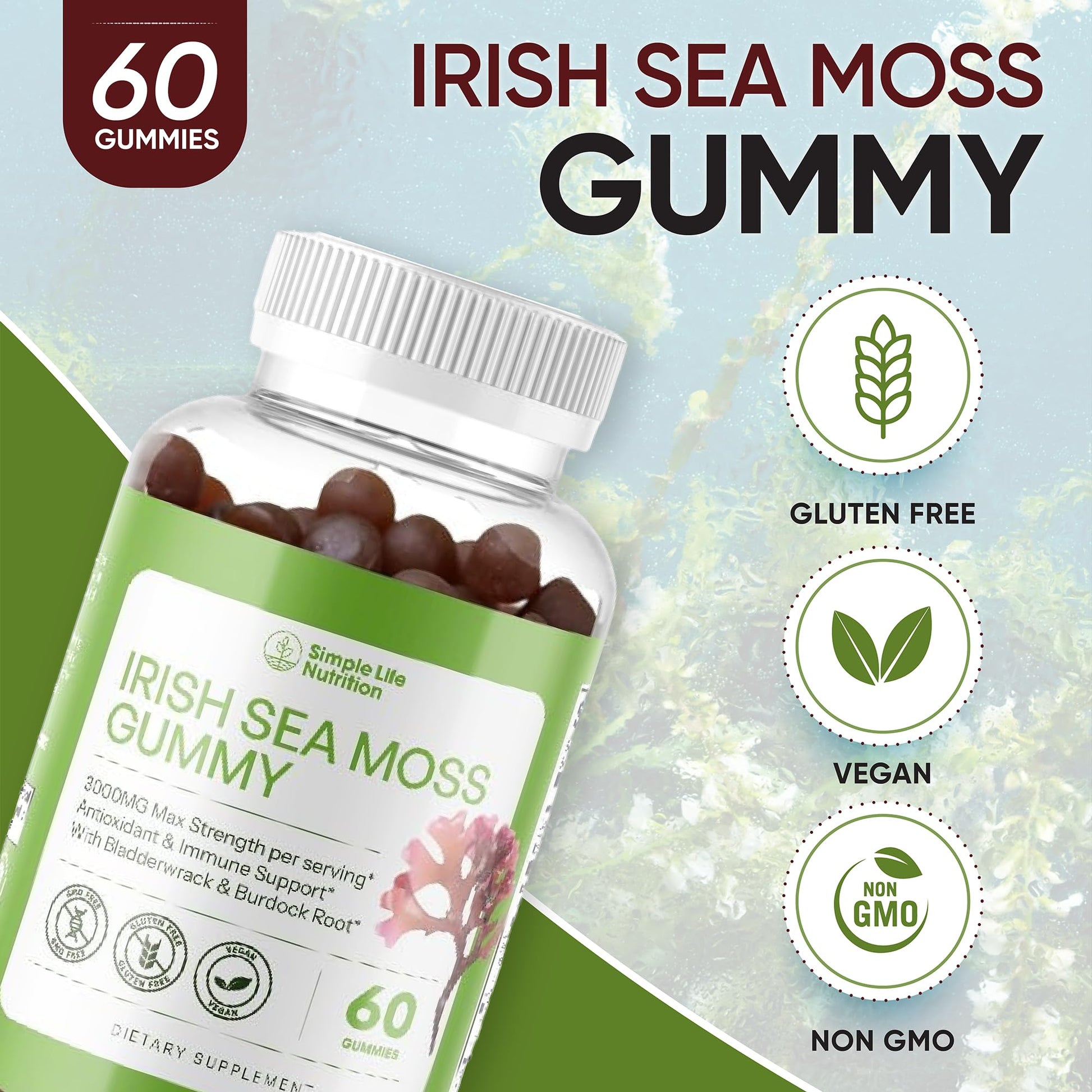 Simple Life Nutrition Organic Irish Sea Moss Gummies - Burdock Root and Bladderwrack Natural Blend - Immune System Gut Cleanse & Thyroid Supplement - Skin and Nail Health - 60CT Simple Life NutritionAu supplements