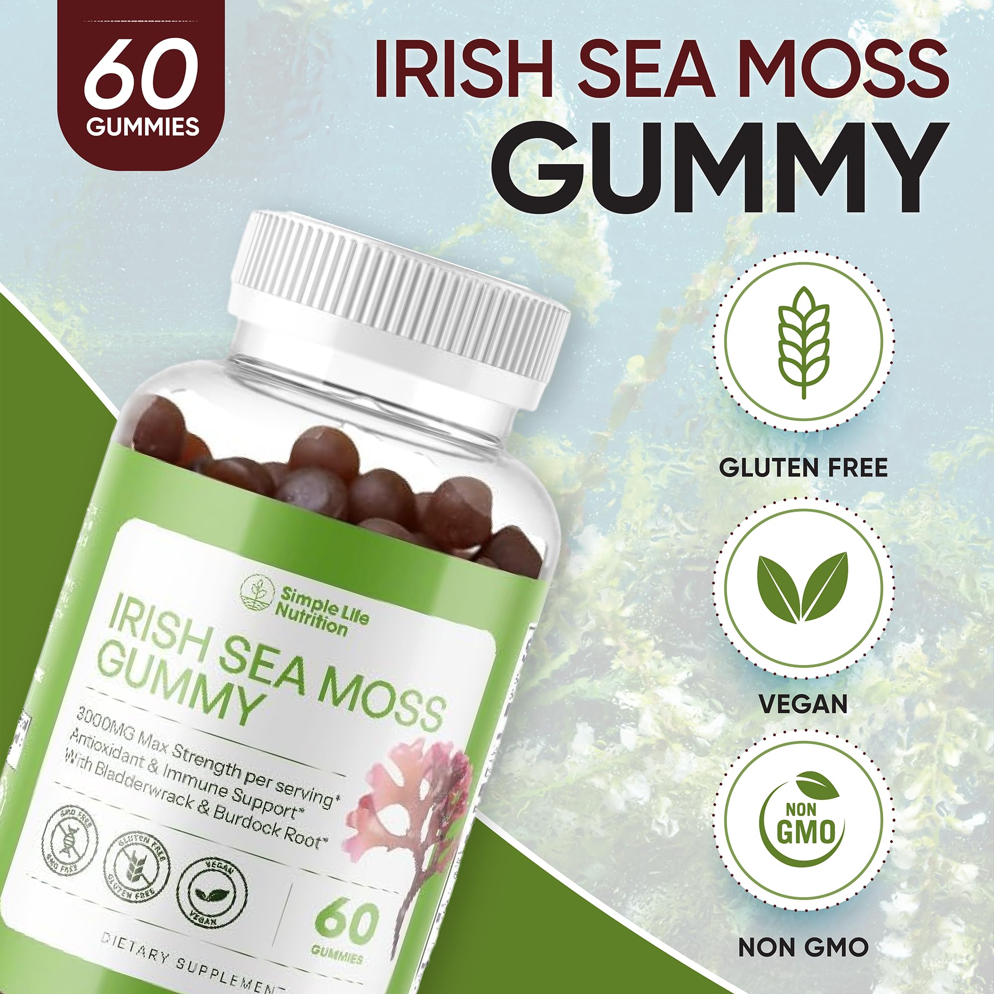 Simple Life Nutrition Organic Irish Sea Moss Gummies - Burdock Root and Bladderwrack Natural Blend - Immune System Gut Cleanse & Thyroid Supplement - Skin and Nail Health - 60CT Simple Life NutritionAu supplements