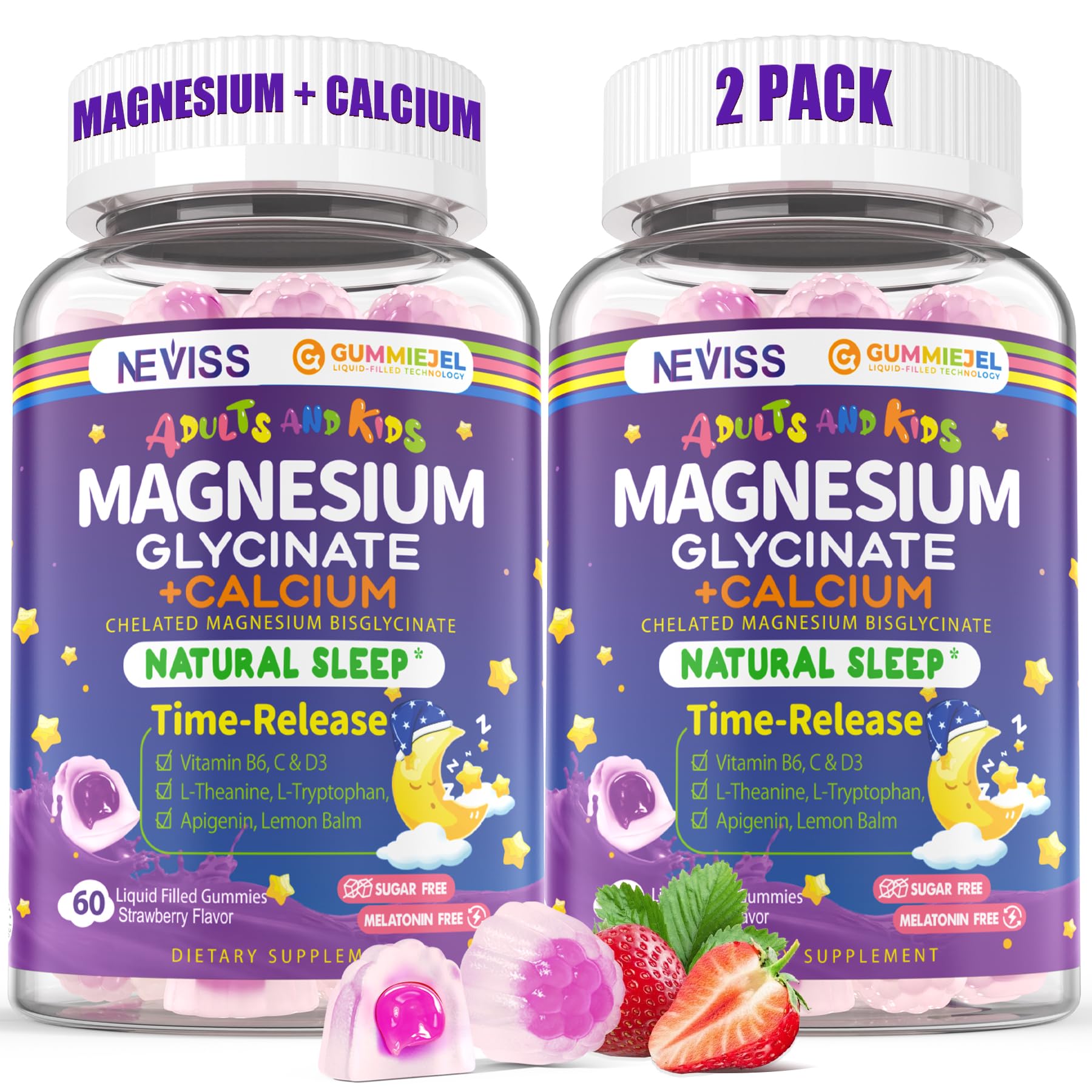 Neviss Magnesium Glycinate + Calcium Filled Gummies for Adults and Kids 4+, Kids Sleep Gummies Melatonin Free, No Sugar Magnesium Supplement w/B6 D3, L-Theanine for Zzz Relax, Brain,Bone,Muscle 2Pack NEVISSAu supplements