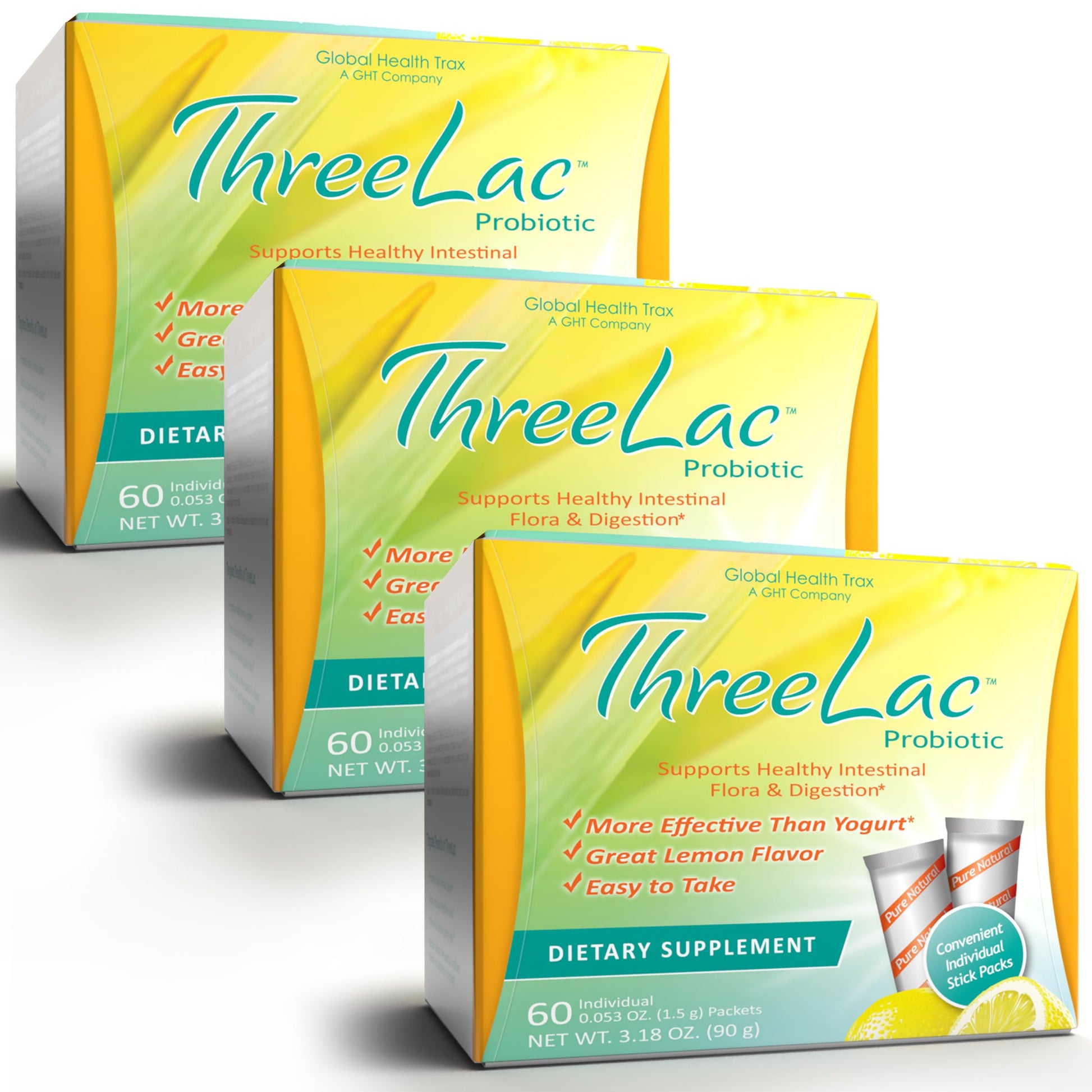 Global Health Trax ThreeLac Lemon Probiotic Drink Mix for Digestive Health - Advanced Probiotic Powder Formula for Men, Women, and Kids - Immune Support & Gut Balance, Non-GMO - 180 Packets ght Global Health TraxAu supplements
