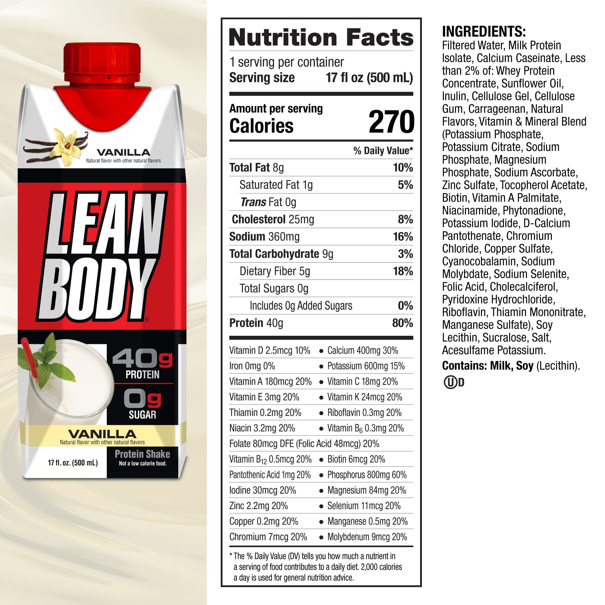 Lean Body Ready-to-Drink Vanilla Protein Shake, 40g Protein, Whey Blend, 0 Sugar, Gluten LabradaUS supplements
