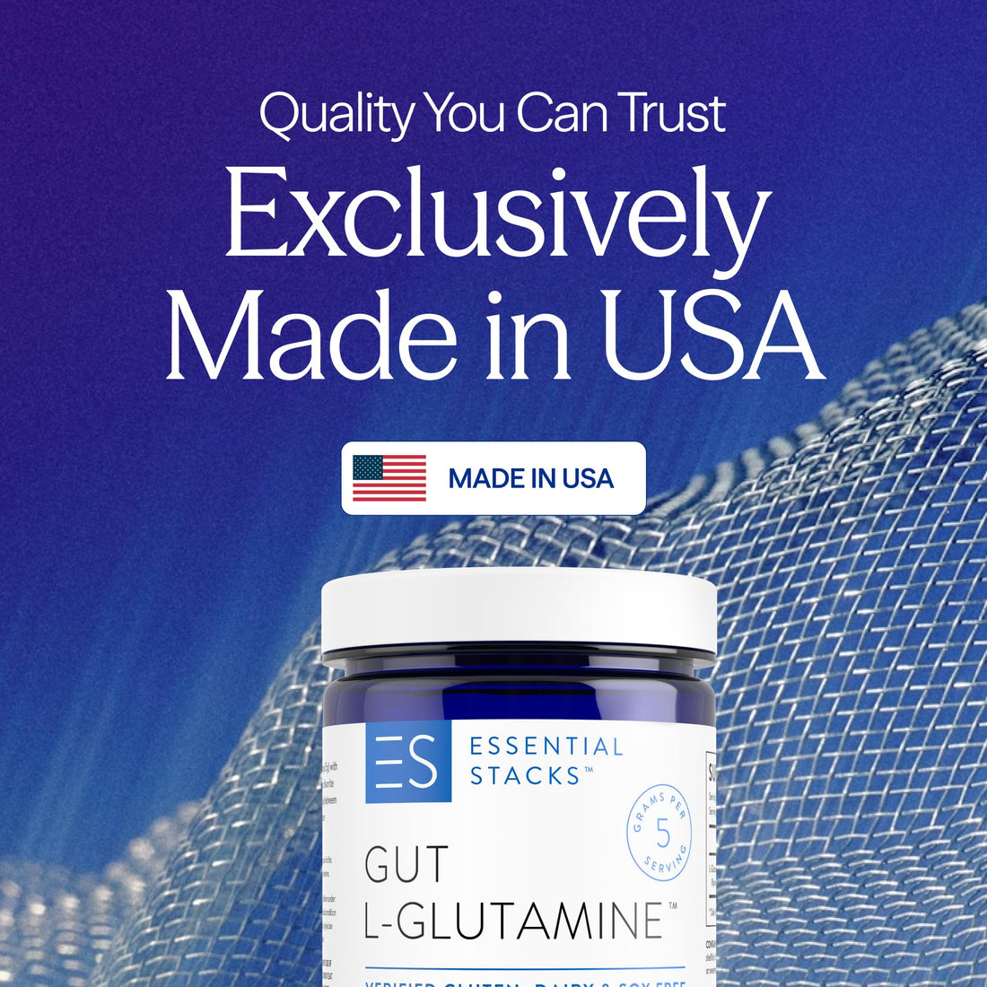 Essential Stacks Gut L-Glutamine Powder - Exclusively Made in USA - Pure L Glutamine Powder for Gut Health (60 Servings, Unflavored) Essential StacksUS supplements