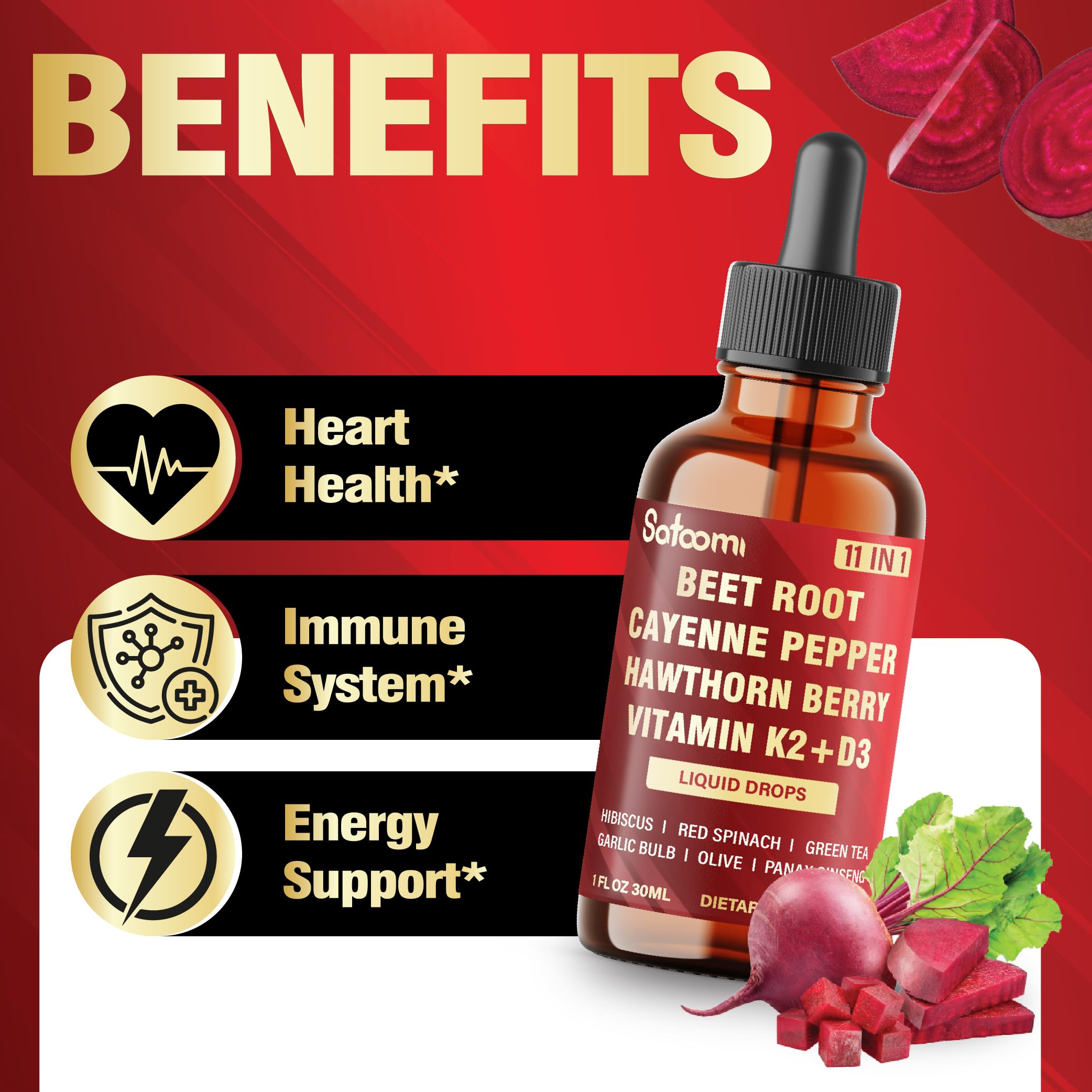 11in1 Beet Root Liquid Drops Supplement with Formula with D3, K2, Hawthorn, Red Spinach, Garlic & Green Tea and More - Supports Immune & Vitality - 1 FL Oz - for 60 Days SatoomiAu supplements