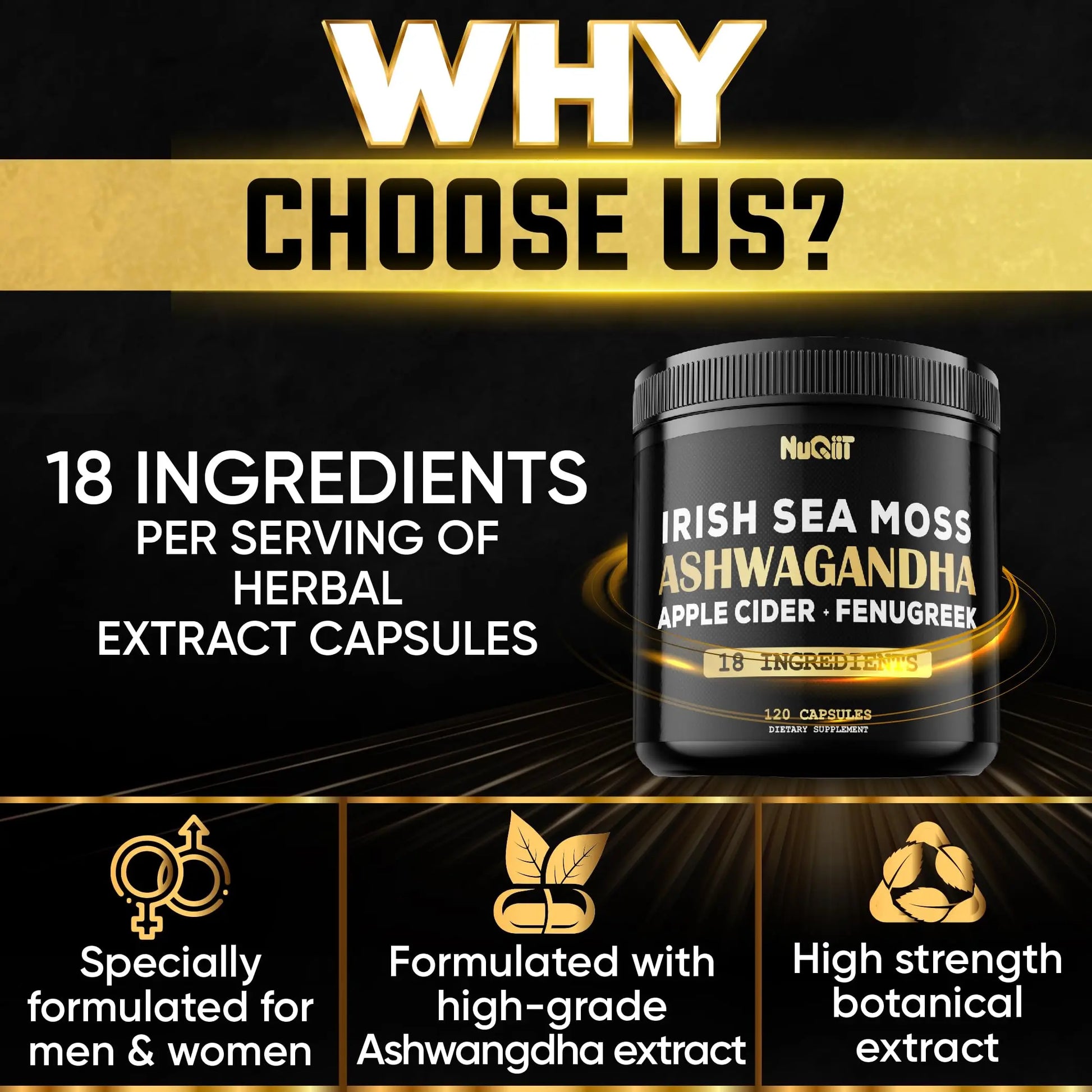 NUQIIT Organic Ashwangdha Capsules 15000mg Irish Sea Moss Apple Cider Vinegar & More - Support Brain Health, Strength & Immune System - 120 Vegan Capsules NUQIITAu supplements