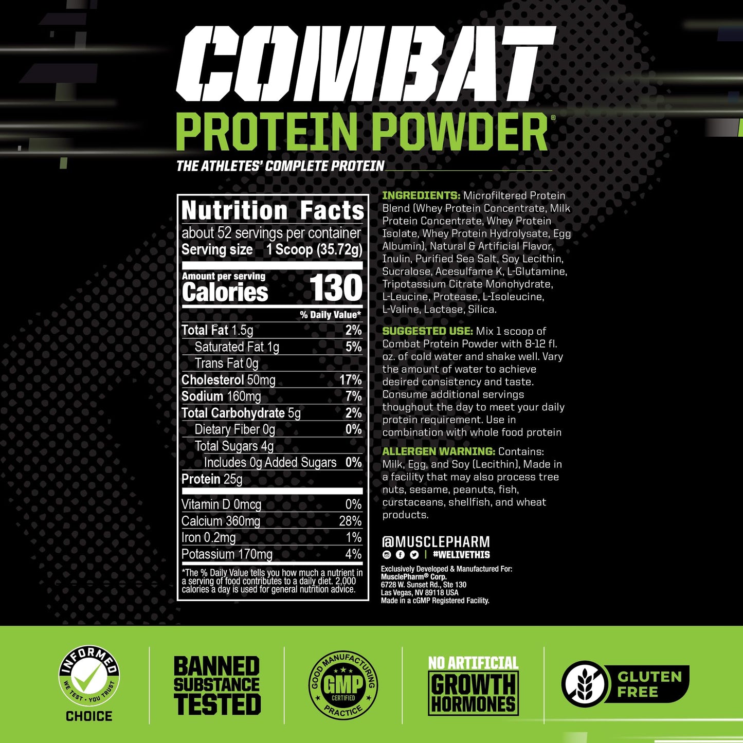 MusclePharm Combat Protein Powder, Banana Cream - 4 lb - Gluten Free - 52 Servings Muscle PharmUS supplements