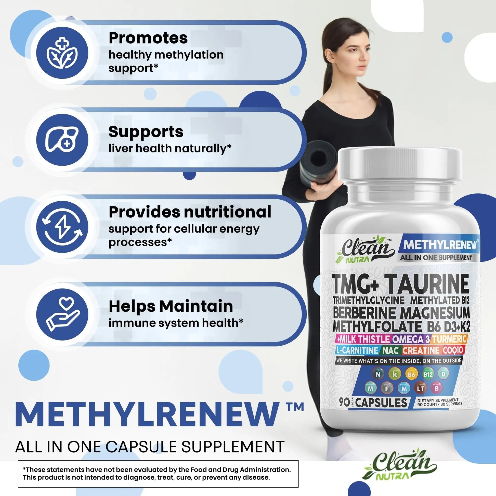 Clean Nutra TMG Supplements 1000mg | Methylated Multivitamin for Women Men | Taurine B6 Vitamins B12 D3 K2 Trimethylglycine Magnesium Clean NutraceuticalsAu supplements