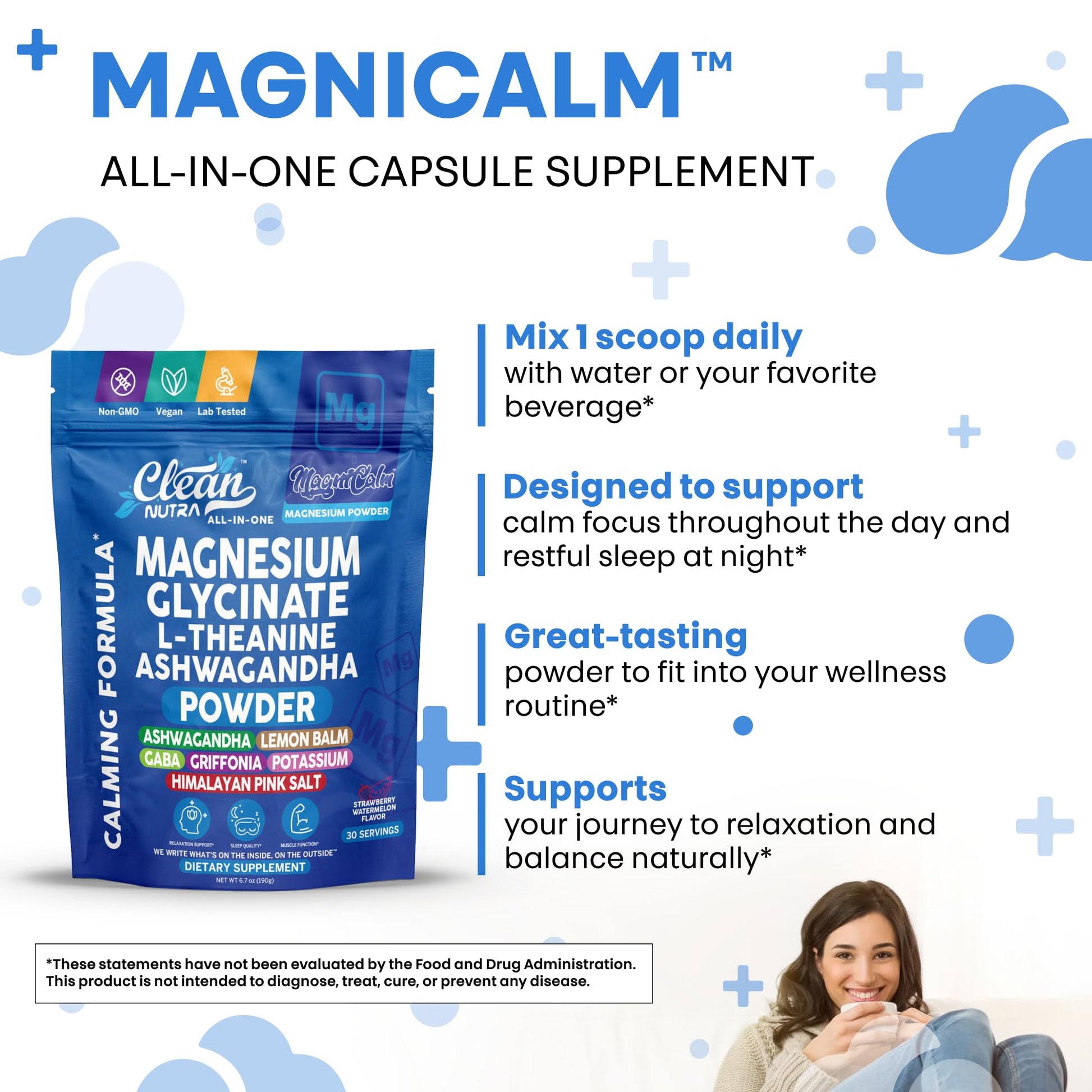 Magnesium Glycinate Powder Supplement + L Theanine Ashwagandha Glycine Apigenin Lemon Balm GABA 5HTP Pink Salt Potassium L Tryptophan Calcium | Powdered Sleep Aid Calm Trace Minerals Vitamin Clean NutraceuticalsAu supplements