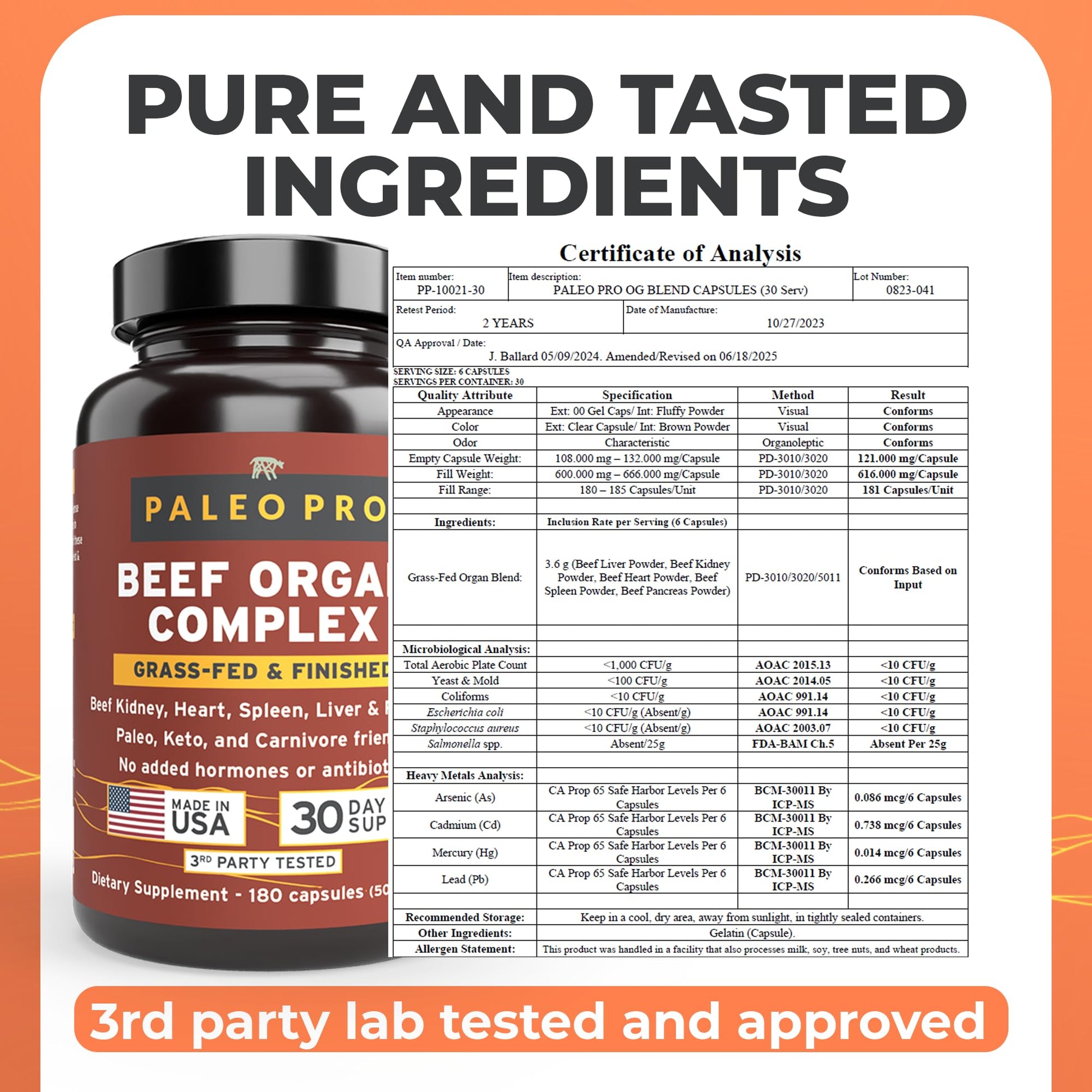 Paleo Pro O.G. Blend Premium Beef Organs Capsules, Kidney, Heart, Liver, Spleen and Pancreas from Grass Fed & Pastured Cows, Dietary Supplement, No GMO, 180 Capsules (Beef Organ Complex) Paleo ProAu supplements