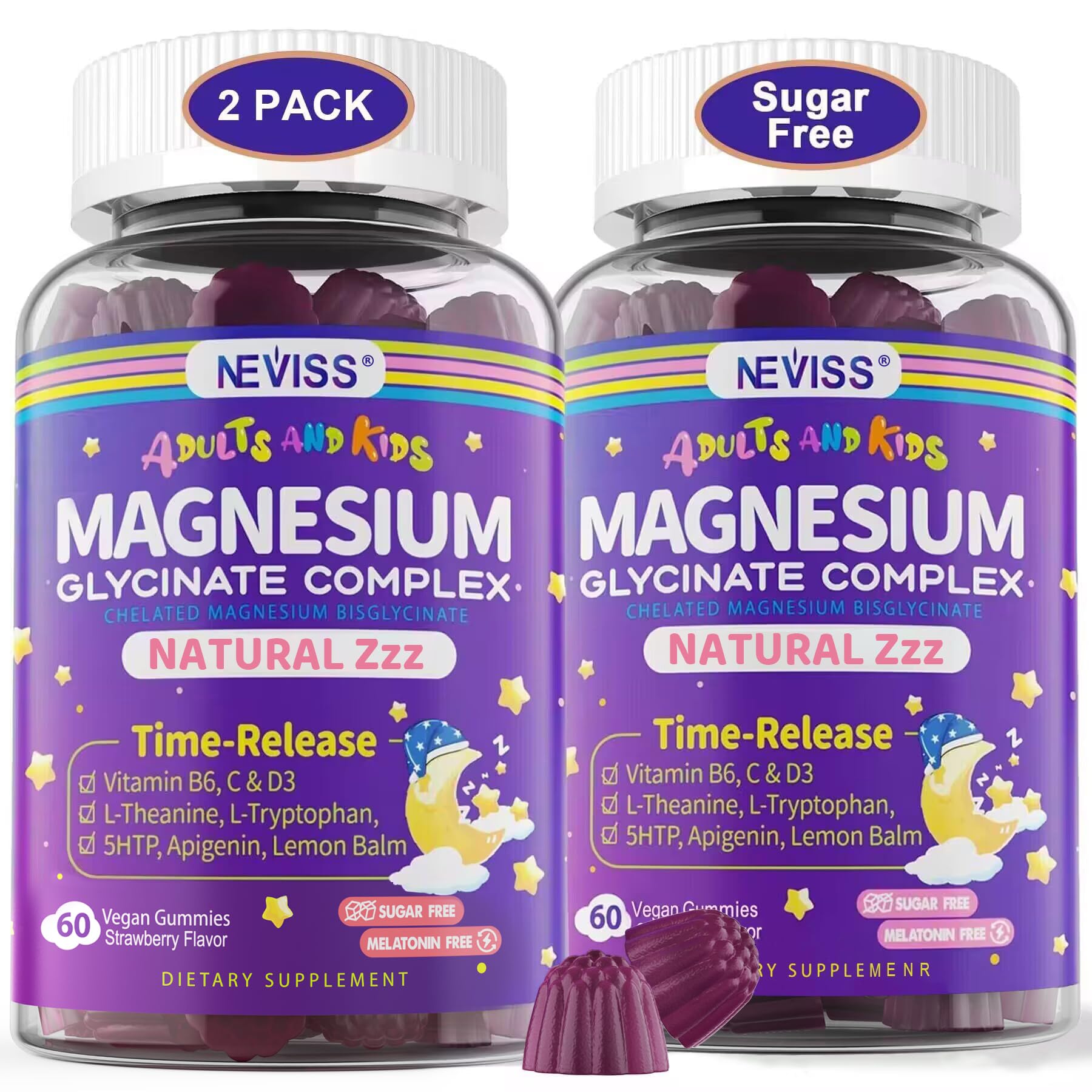 Magnesium Glycinate Gummies for Adults & Kids 4+, Sugar Free Magnesium Bisglycinate Supplement 400/200mg with B6D3, 5HTP, L-Theanine for Sleep & Relaxation, Brain, Muscle, Melatonin Free Gummies,2Pack NEVISSAu supplements