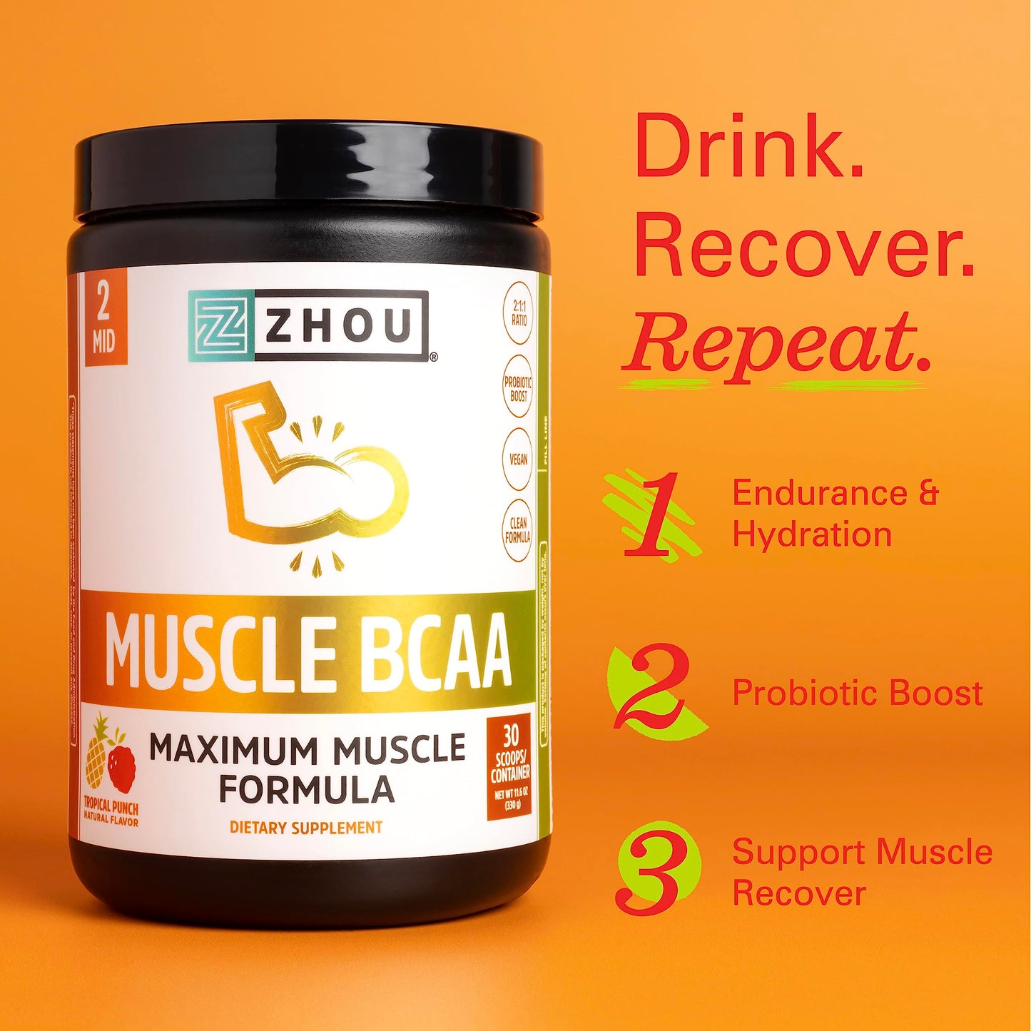 Zhou Nutrition Muscle BCAA Powder, Vegan Muscle Recovery, Natural, Clean Formula Zhou NutritionUS supplements