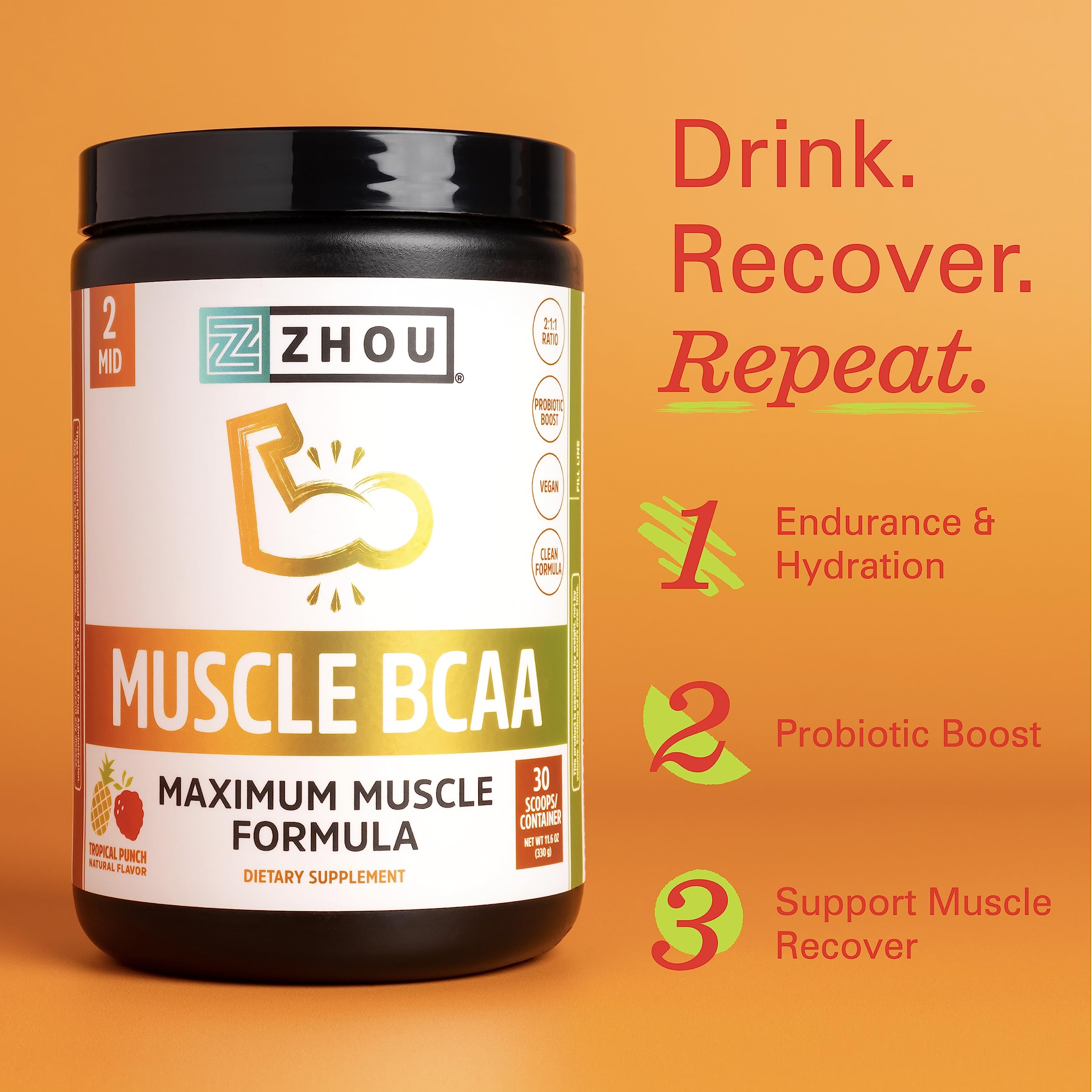 Zhou Nutrition Muscle BCAA Powder, Vegan Muscle Recovery, Natural, Clean Formula Zhou NutritionUS supplements