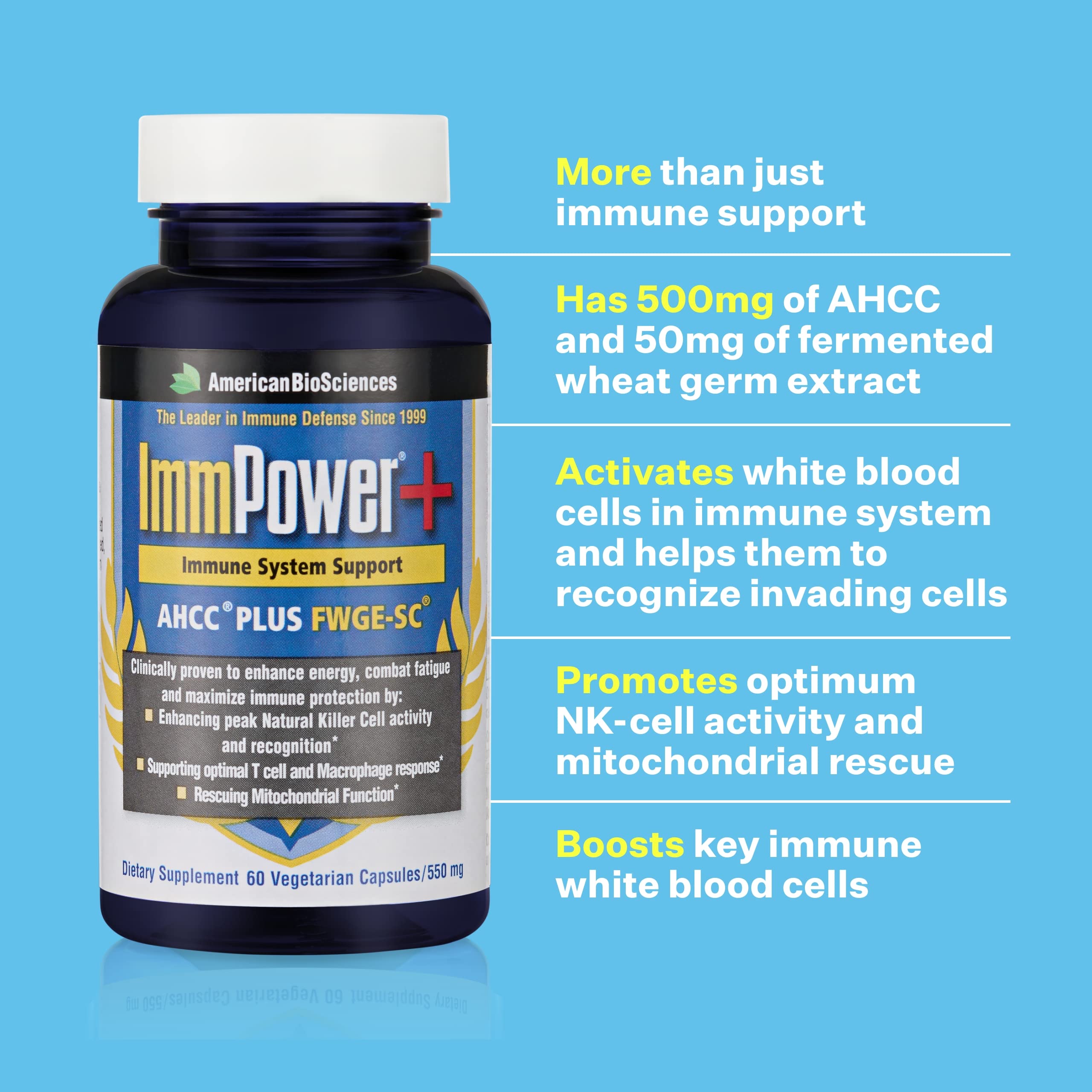 American BioSciences ImmPower Plus, AHCC & Fermented Wheat Germ Extract Herbal Supplement, 550mg per Capsule for Immune Support, Maintains Natural Killer Cell Activity, Pack of 1, 60 Veggie Capsules American BioSciencesAu supplements