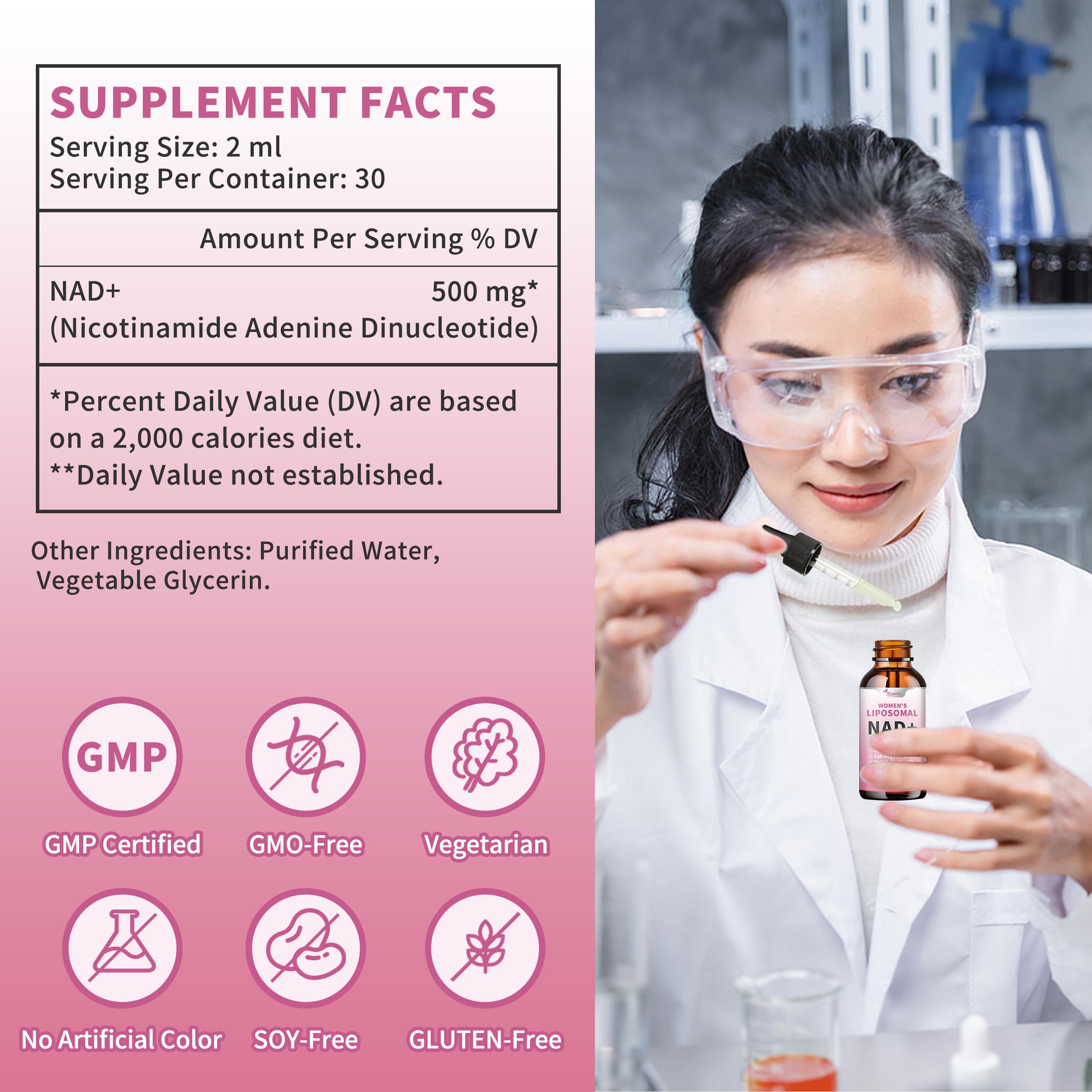 Liposomal NAD Liquid Supplement for Women, Pure 500mg NAD Nicotinamide - Cell Regeneration，Energy & Metabolism Support, Vegan,Sugar Free，Additives Free，2 Fl Oz WanishAu supplements