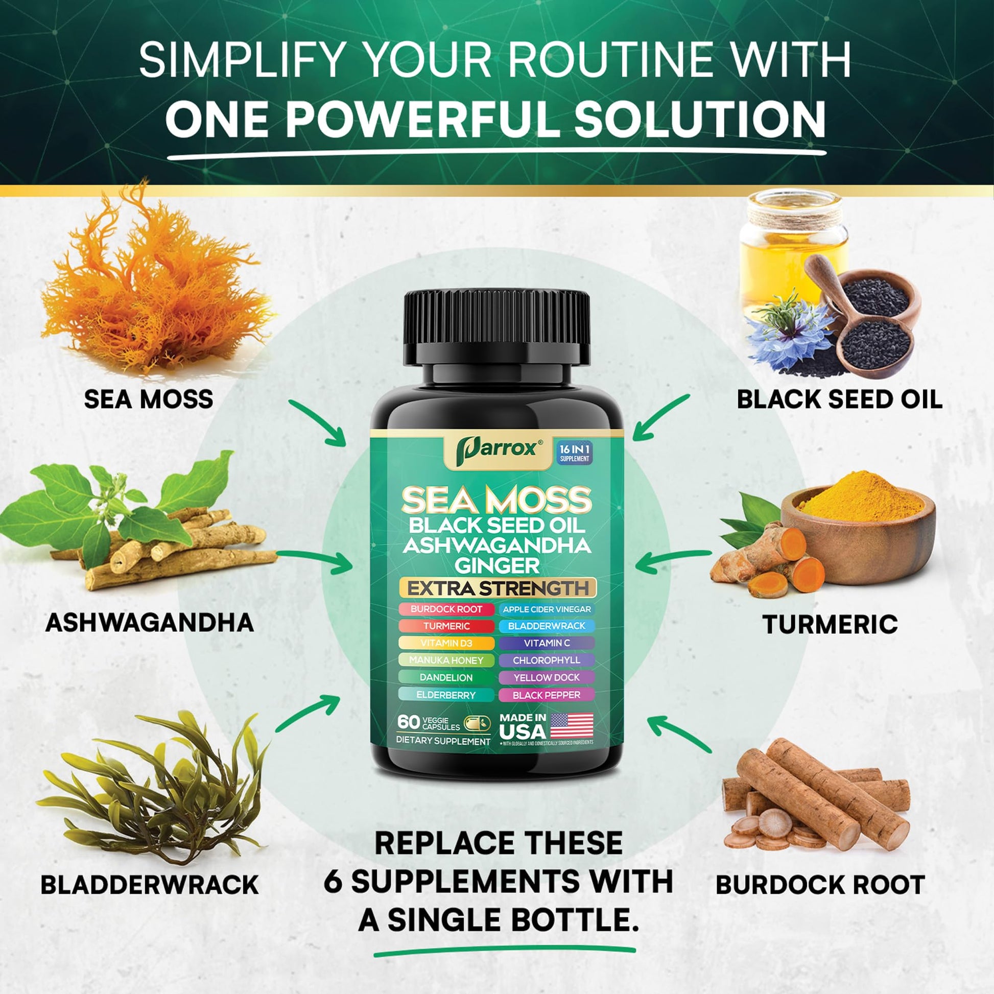 Parrox Sea Moss, Black Seed Oil, Ashwagandha, Turmeric, Chlorophyll, Dandelion, Ginger, Vitamin D3, Black Pepper, Elderberry, ACV, Yellow Dock, Burdock Root, Manuka, Vitamin C, Bladderwrack (60 Caps) ParroxAu supplements