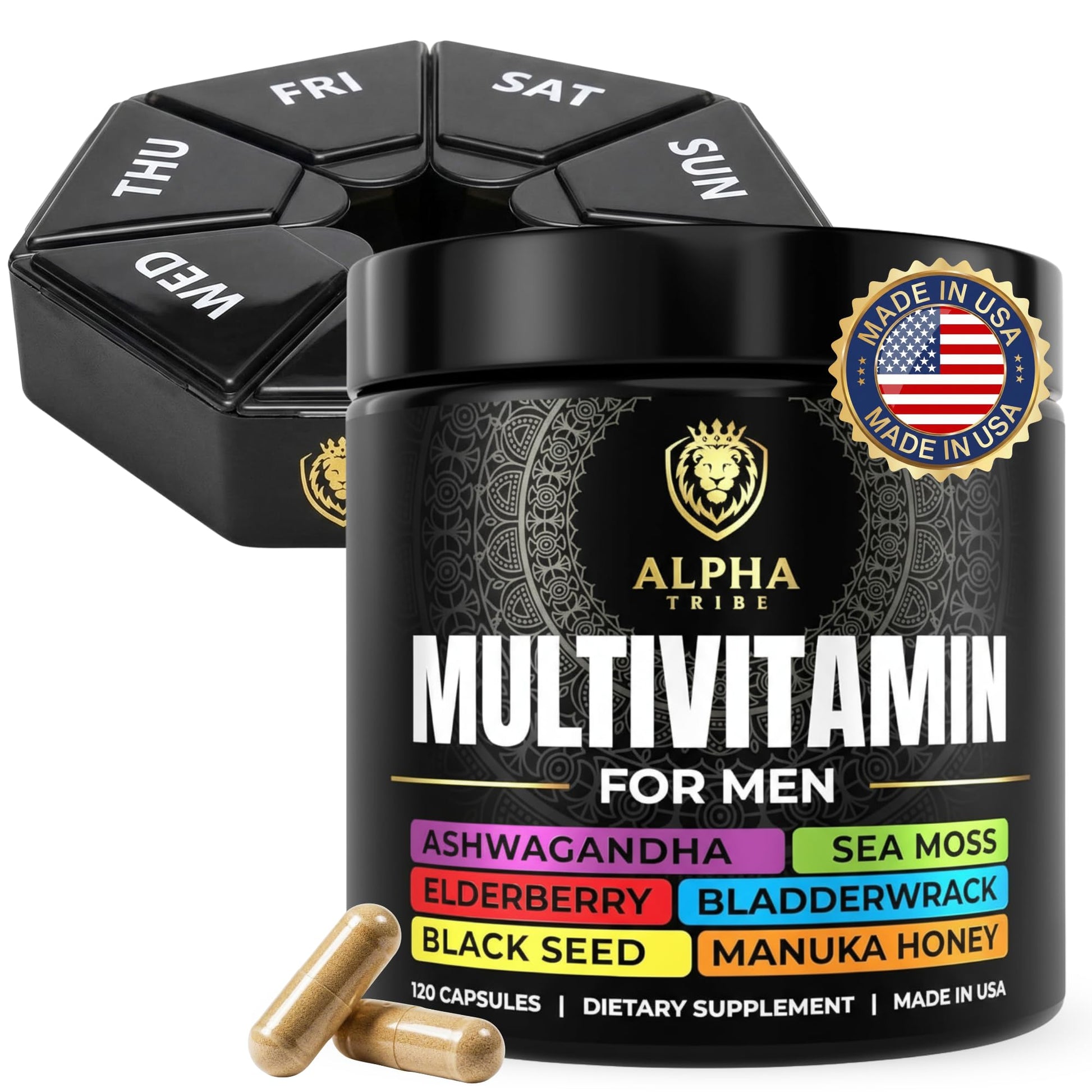 Alpha Tribe Multivitamin for Men & Organizer w/Seamoss Black Seed Oil Ashwagandha Burdock Root Turmeric Bladderwrack Vitamin C | Daily Men's Vitamins & Minerals Supplement | 60 Count Alpha TribeAu supplements