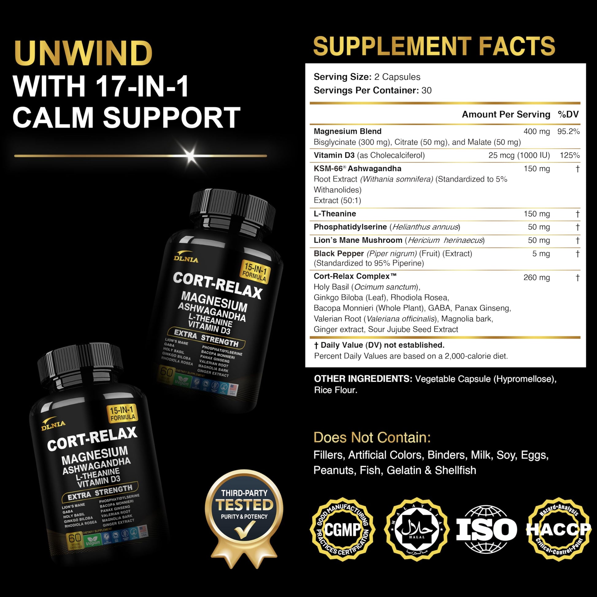 DLNIA Super Calm Cortisol Supplement with Magnesium Glycinate, Ashwagandha KSM-66, L-Theanine, Phosphatidylserine, Ginkgo Biloba & Lions Mane for Calm, Focus, Mental Clarity, Relaxation, Sleep, Energy DLNIAAu supplements