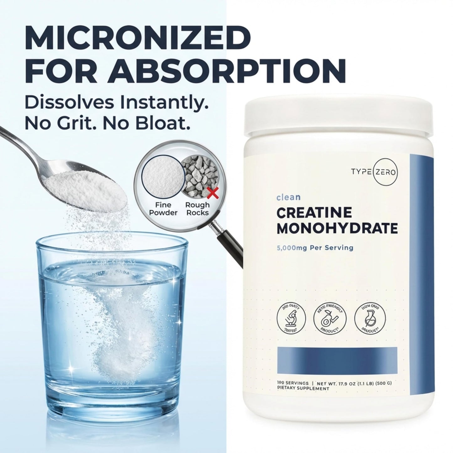 Type Zero Creatine Monohydrate Powder (Unflavored | 500g), 5000 mg Per Serving, Micronized, Zero Sugar, Keto Friendly & Gluten Free, 100 Servings Type ZeroUS supplements