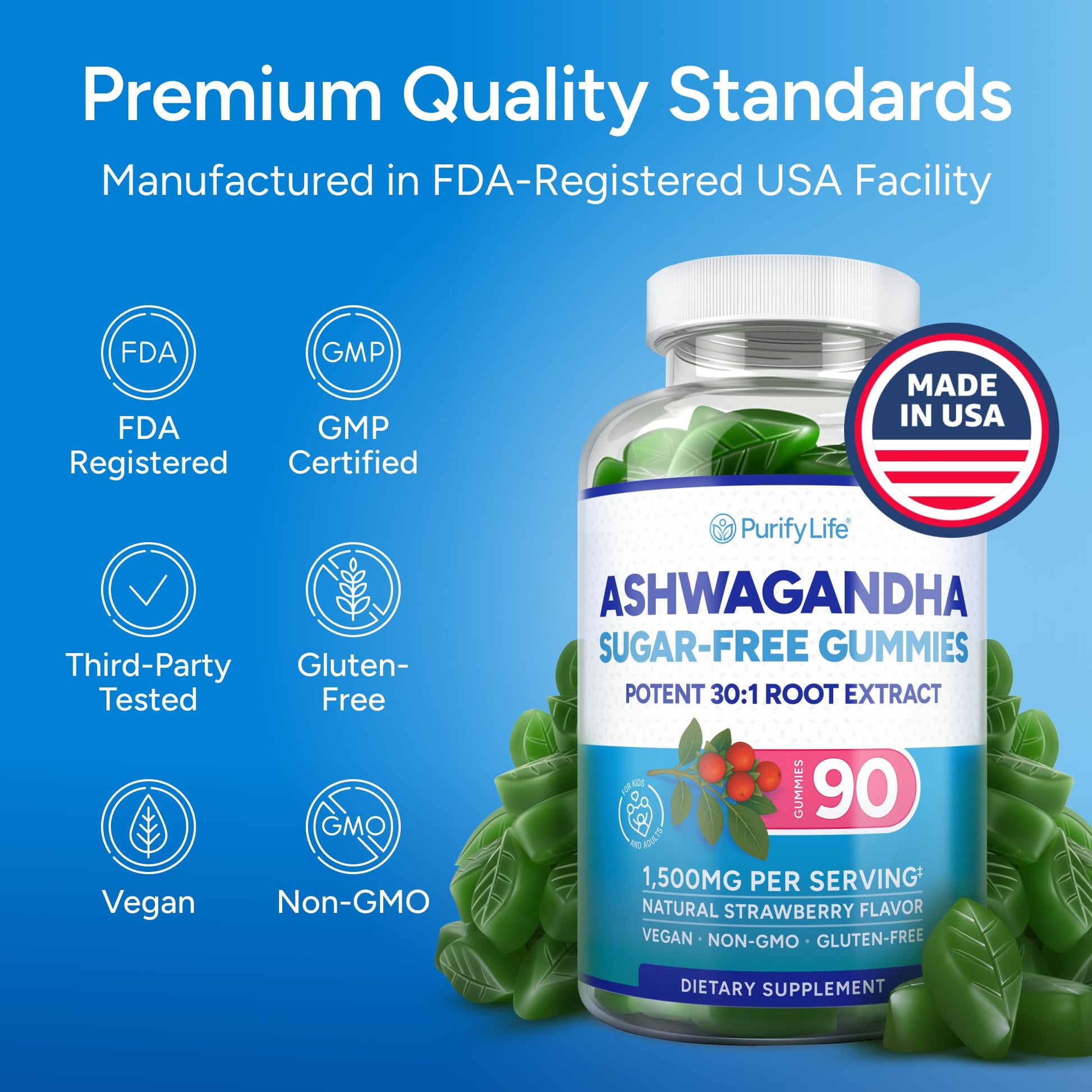 Sugar-Free Ashwagandha Gummies for Stress, Sleep & Mood Support - High-Potency 30:1 Ashwagandha Supplement Extract - Vegan Adaptogen Supplement for Women & Men, Natural Flavor, Plant-Based, 90 Gummies Purify LifeAu supplements