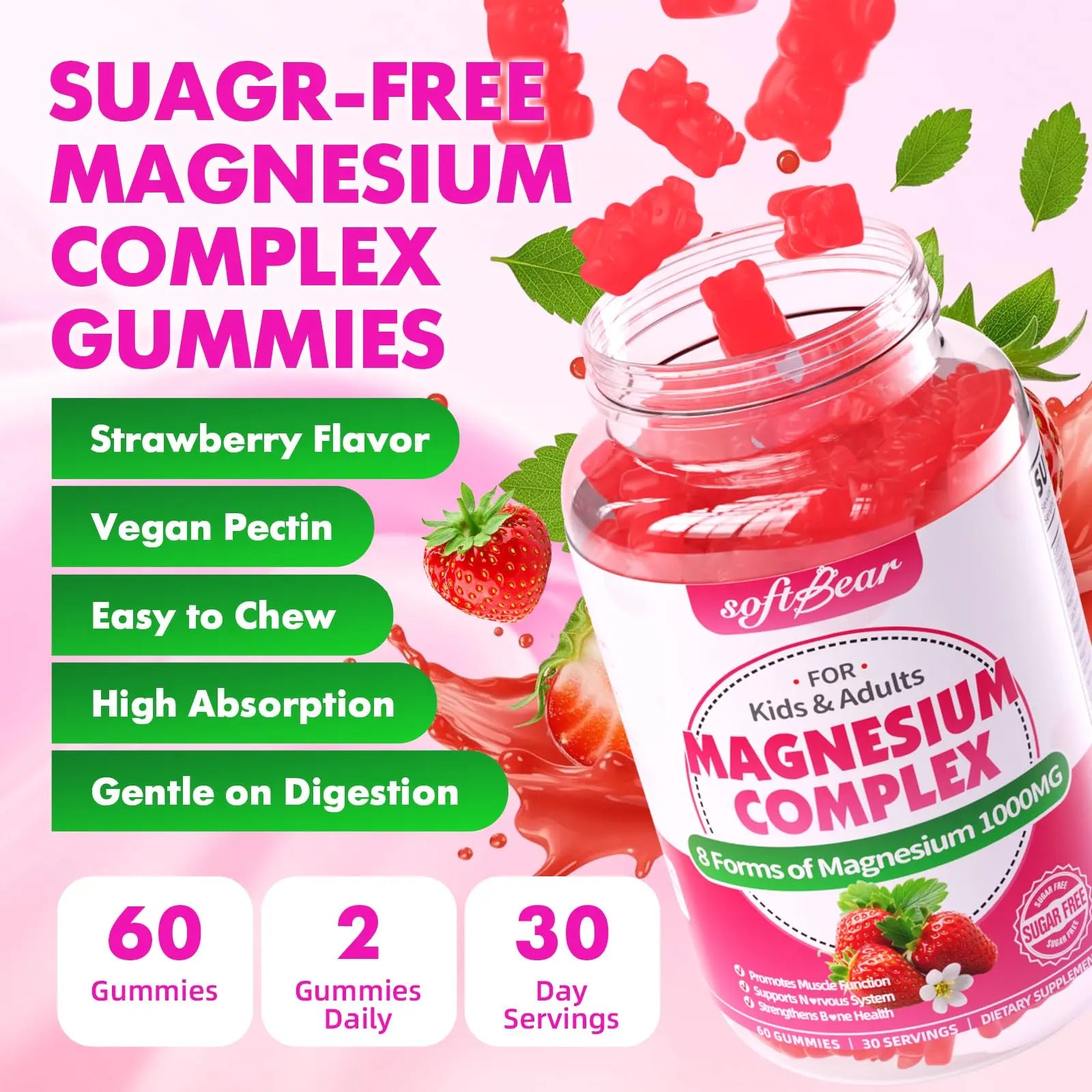 softbear Magnesium Complex Gummies for Women & Men & Kids, 8 in 1 Magnesium Complex Supplement 1000mg-Magnesium Glycinate,Citrate,Malate Supports Calm, Zzz, Muscle Cramp, Strawberry Flavor 120 Count softbearnz supplements