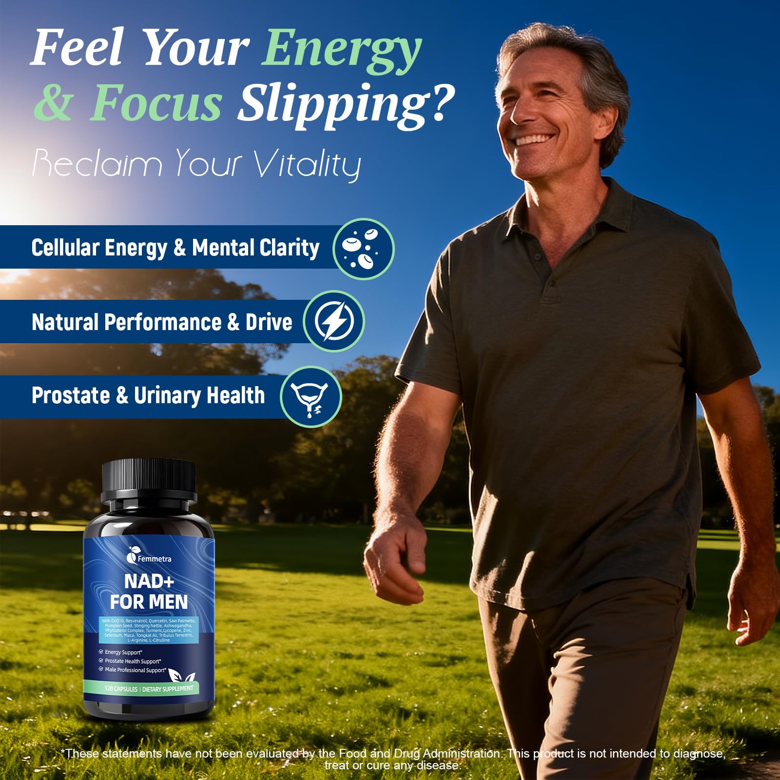 Femmetra NAD+ Supplements for Men with Saw Palmetto | All-in-One Cellular Energy, Prostate Support & Nitric Oxide Supplement with Resveratrol, L-Arginine | Non-GMO, 120 Capsules FemmetraAu supplements