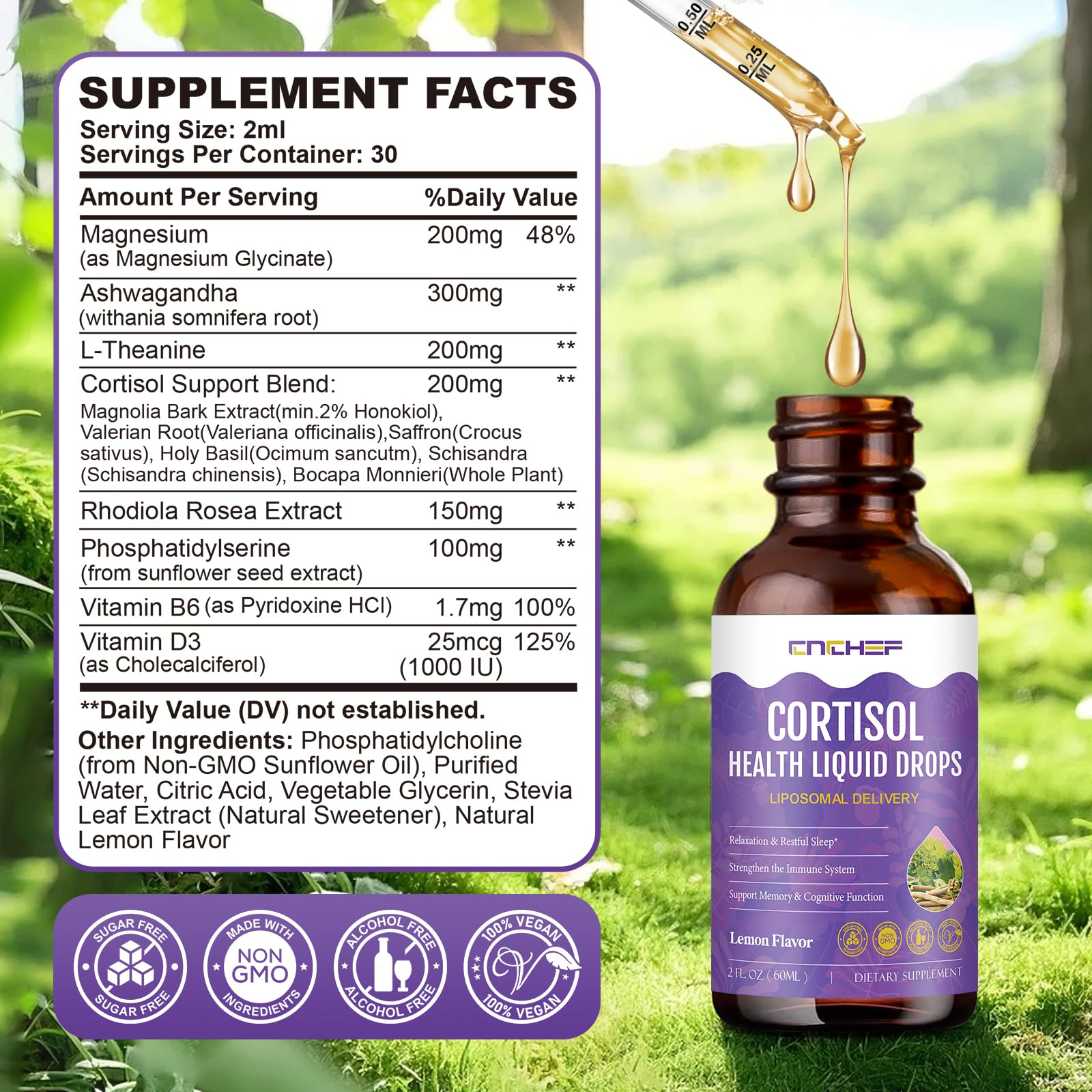 Cortisol Supplement Liquid Drops, Hormone Balance for Women Men Cortisol Detox with Magnesium Glycinate, L-Theanine, Rhodiola Rosea, Ashwagandha, Phosphatidylserine, Mood Focus, Sleep Support, 2 Fl Oz CNCHEFAu supplements