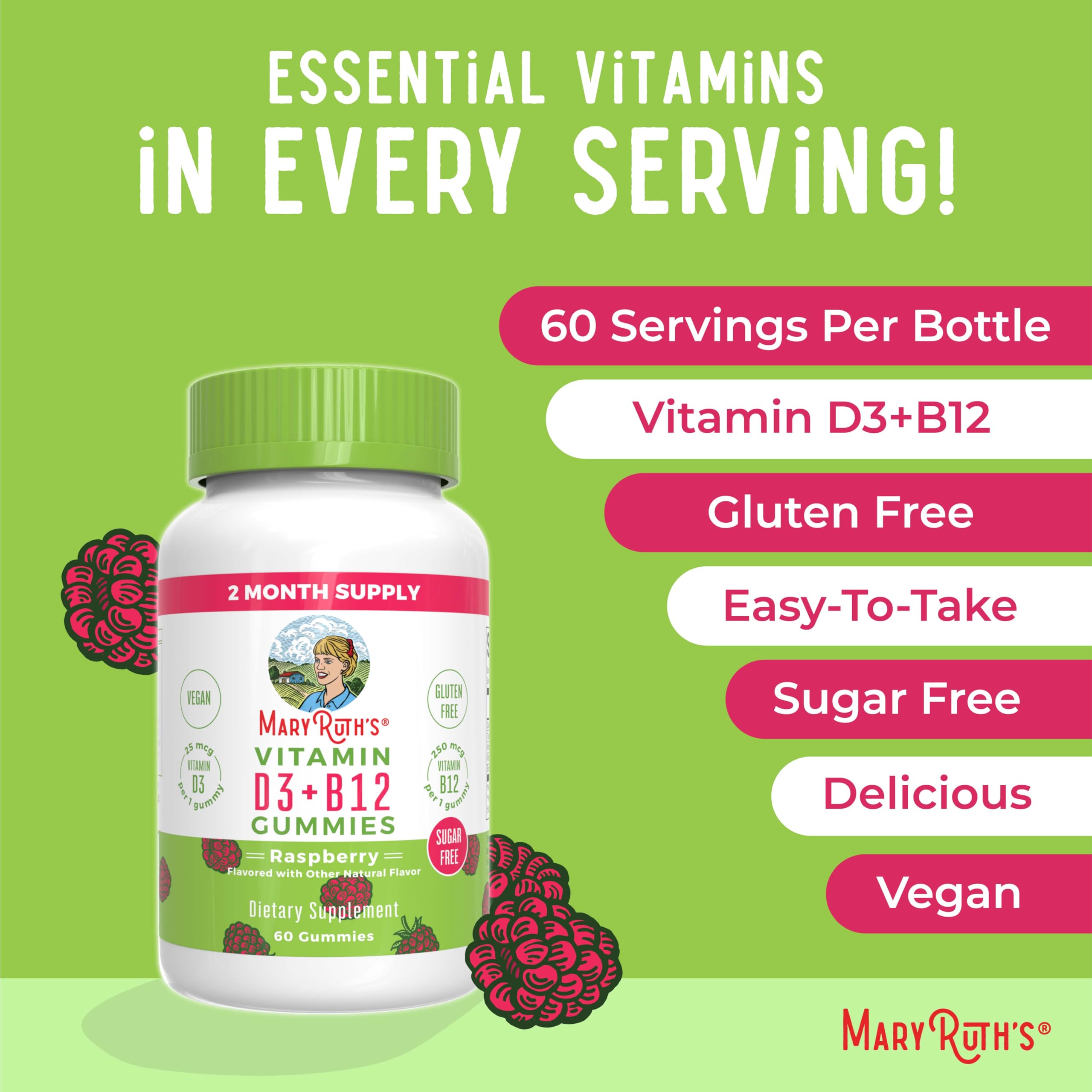 MaryRuth Organics Sugar Free | 2 Month Supply | Vitamin D & B12 Vitamin Supplements for Adults & Kids | Bone Health | Immune Support | Vegan | Non-GMO | 60 Servings MARYRUTH'SUS supplements