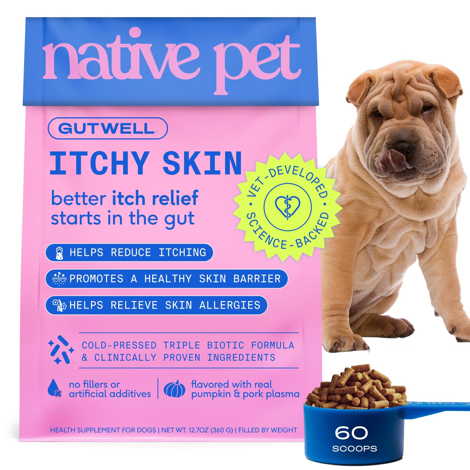 GutWell Itchy Skin - Dog Itching Skin Relief & Seasonal Allergy Itch Relief for Dogs - Promotes Skin Hydration, Elasticity & Healthy Barrier with Triple-biotic Blend, Zinc, & Vitamin E - 60 Scoops Native PetAu supplements