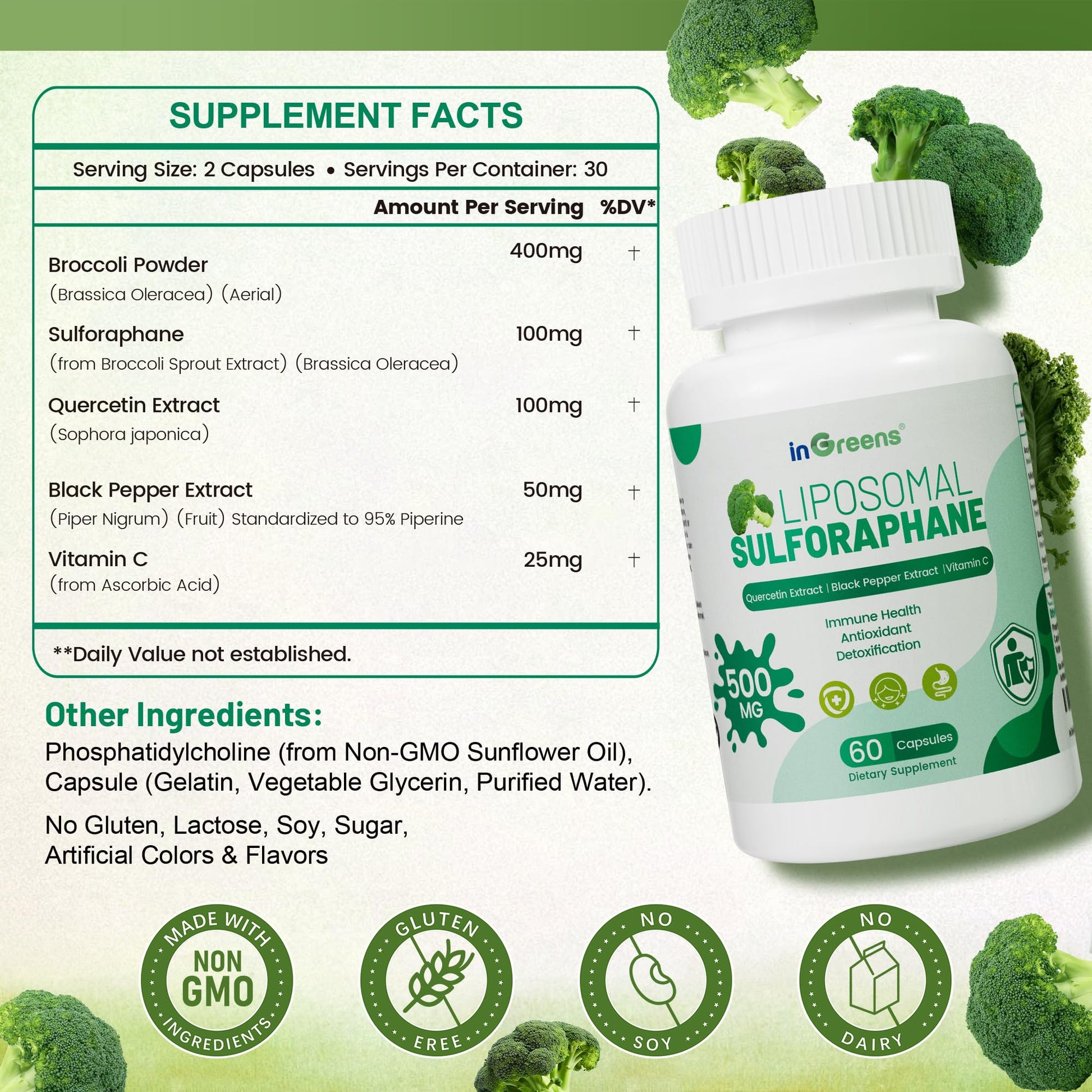 Liposomal Sulforaphane 500mg Supplement from Broccoli Extract with Quercetin, Black Pepper & Vitamin C – Antioxidant, Detox & Cellular Support, Cellular Health Formula for Men & Women, 60 Capsules inGreensAu supplements
