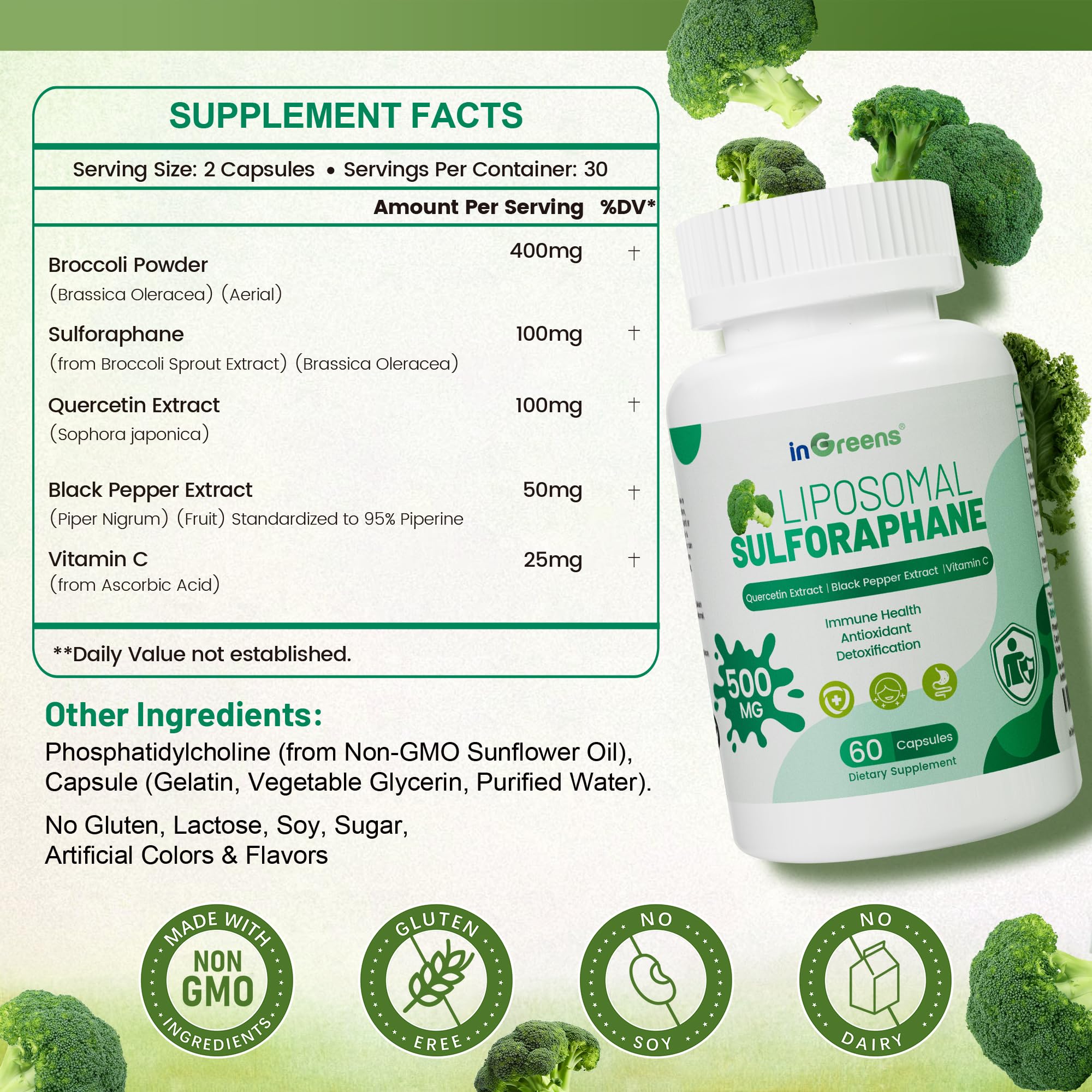 Liposomal Sulforaphane 500mg Supplement from Broccoli Extract with Quercetin, Black Pepper & Vitamin C – Antioxidant, Detox & Cellular Support, Cellular Health Formula for Men & Women, 60 Capsules inGreensAu supplements