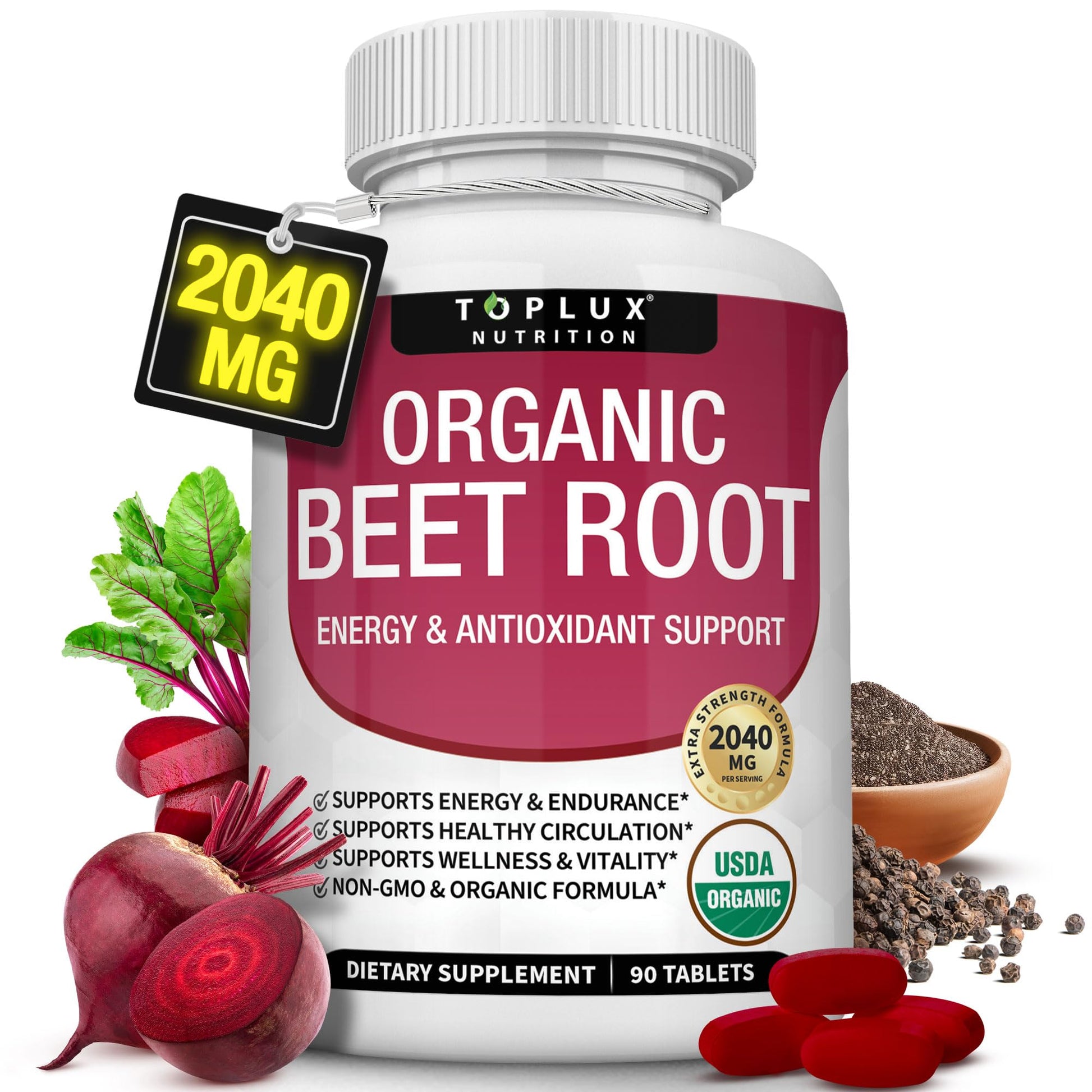 Organic Beet Root Powder Tablets - 2040mg Natural Nitric Oxide Beets to Support, Energy TopluxAu supplements