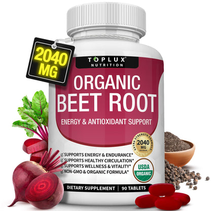 Organic Beet Root Powder Tablets - 2040mg Natural Nitric Oxide Beets to Support, Energy TopluxUS supplements