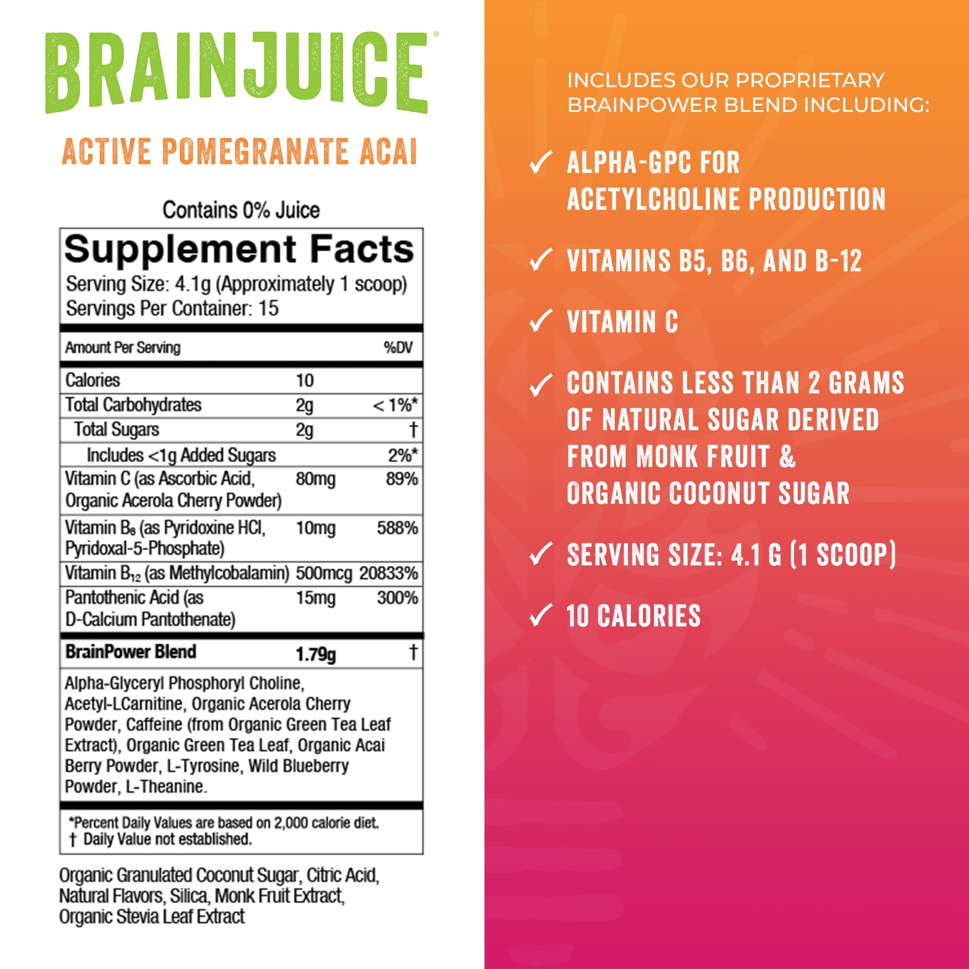 BrainJuice Nootropics Brain Support Supplement, Gluten Free Powder for Energy and Focus, Pre Workout w/Alpha GPC, Vitamin B & Organic Green Tea Extract Caffeine, Active Pomegranate Acai, 15 Servings BrainJuiceAu supplements