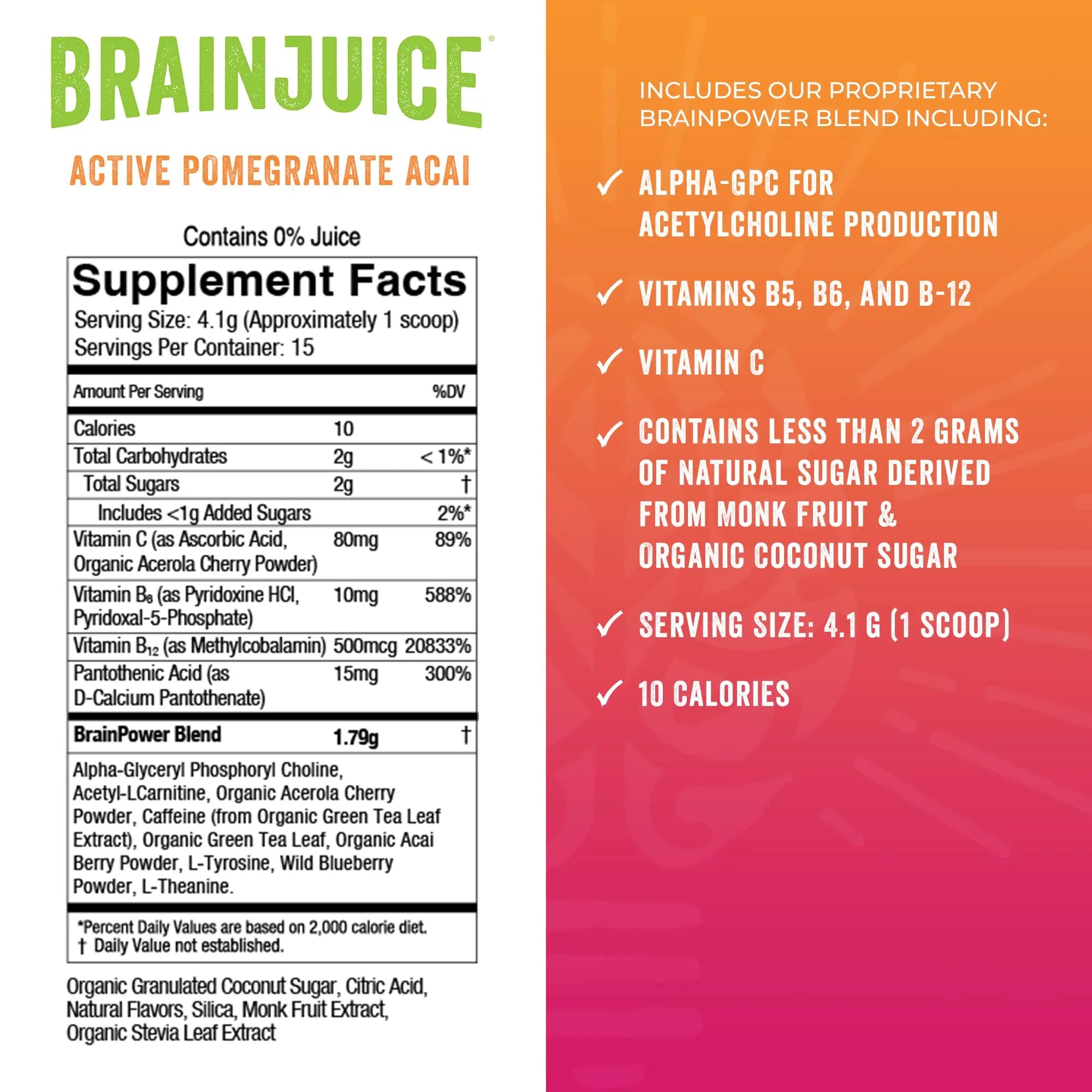 BrainJuice Nootropics Brain Support Supplement, Gluten Free Powder for Energy and Focus, Pre Workout w/Alpha GPC, Vitamin B & Organic Green Tea Extract Caffeine, Active Pomegranate Acai, 15 Servings BrainJuicenz supplements