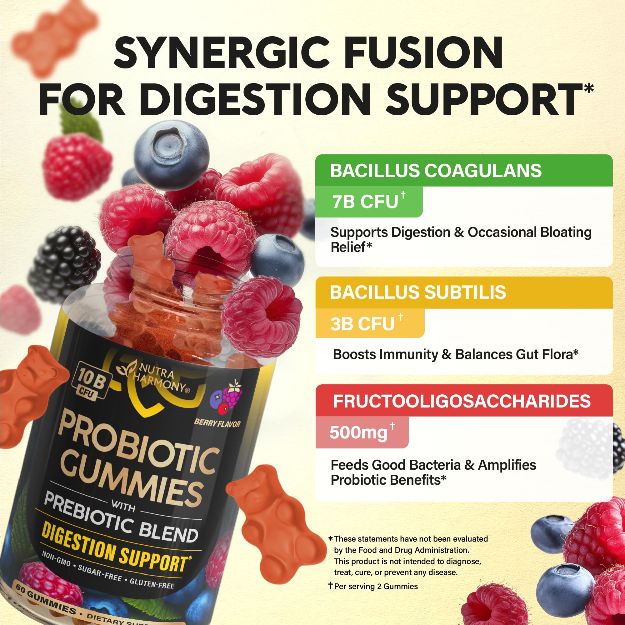 Probiotic Gummies 10B CFU with Prebiotic Fiber - Digestion & Immune Support - Debloat, Stomach & Gut Comfort - Probiotics for Women & Men - Natural Berry Flavor - Vegan & Sugar-free - 60 Gummies NUTRAHARMONYAu supplements
