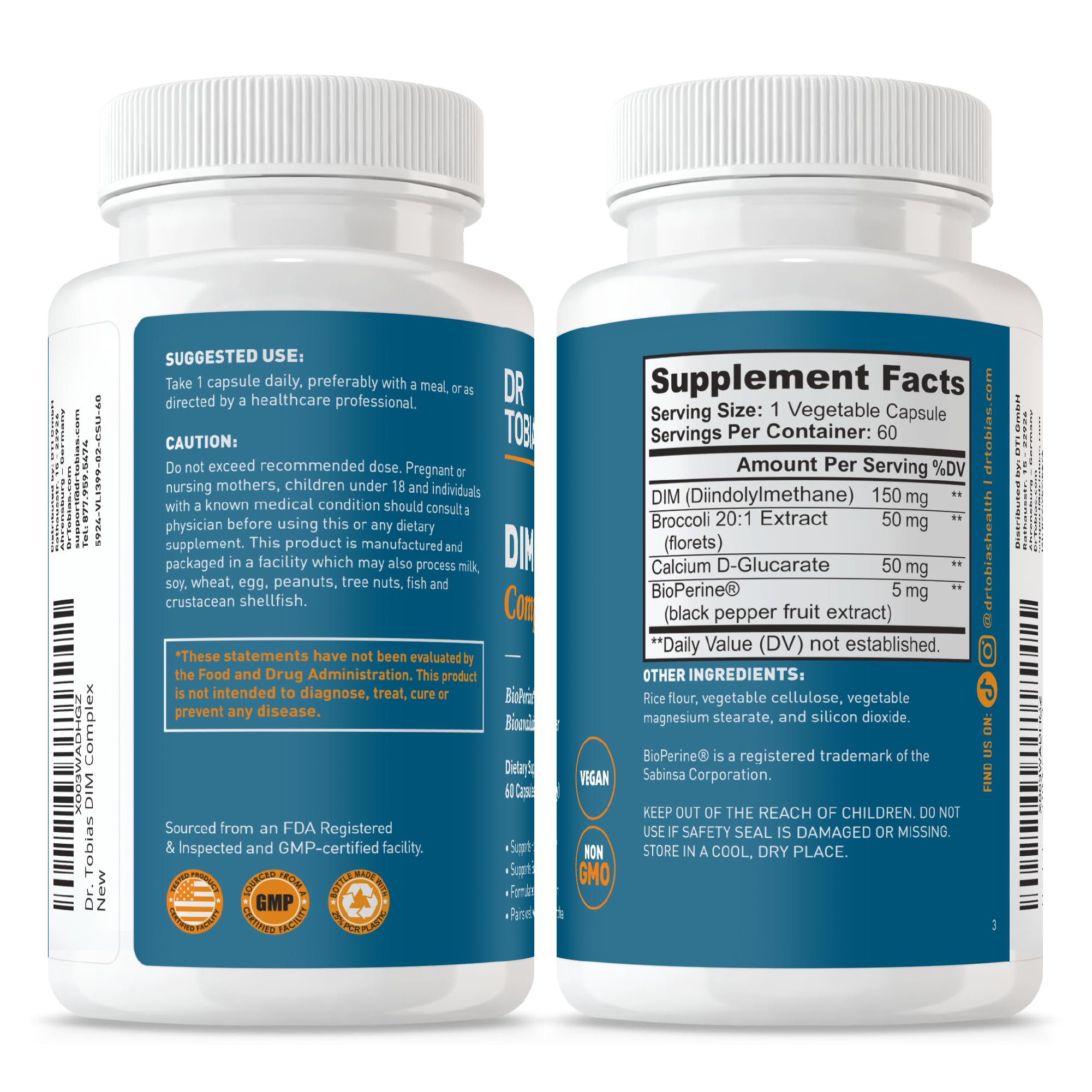 Dr. Tobias DIM Complex, Hormone Balance for Women & Men, DIM Supplement with BioPerine, Broccoli Extract & Calcium D-Glucarate Estrogen Detox Balance Complex, Non-GMO, Vegan, 60 Capsules Dr. TobiasAu supplements