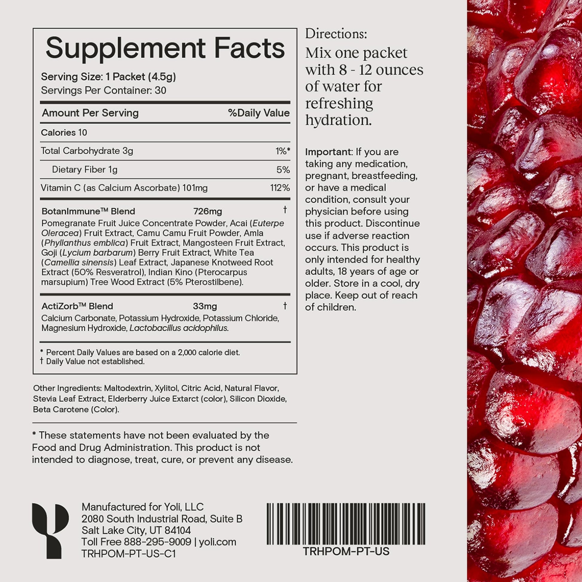 Yoli® Truth Antioxidant and Immune Support Supplement with Vitamin C, Botanicals, Superfruits, and Minerals - Pomegranate, 30 Packets YoliAu supplements
