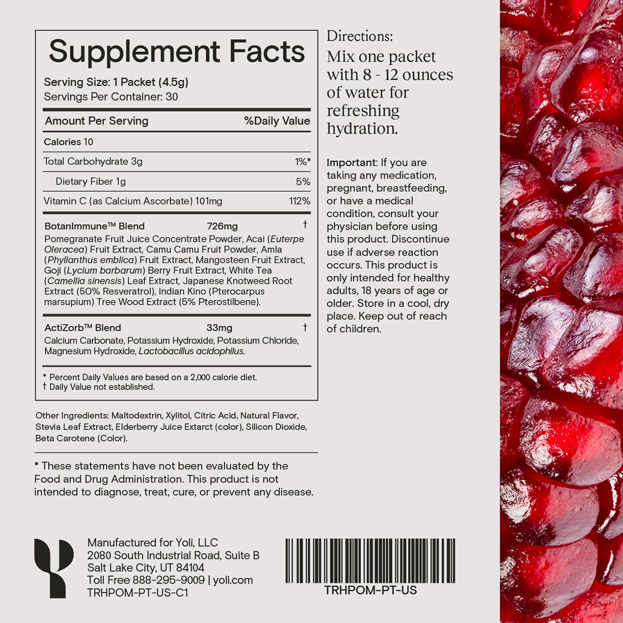 Yoli® Truth Antioxidant and Immune Support Supplement with Vitamin C, Botanicals, Superfruits, and Minerals - Pomegranate, 30 Packets YoliAu supplements