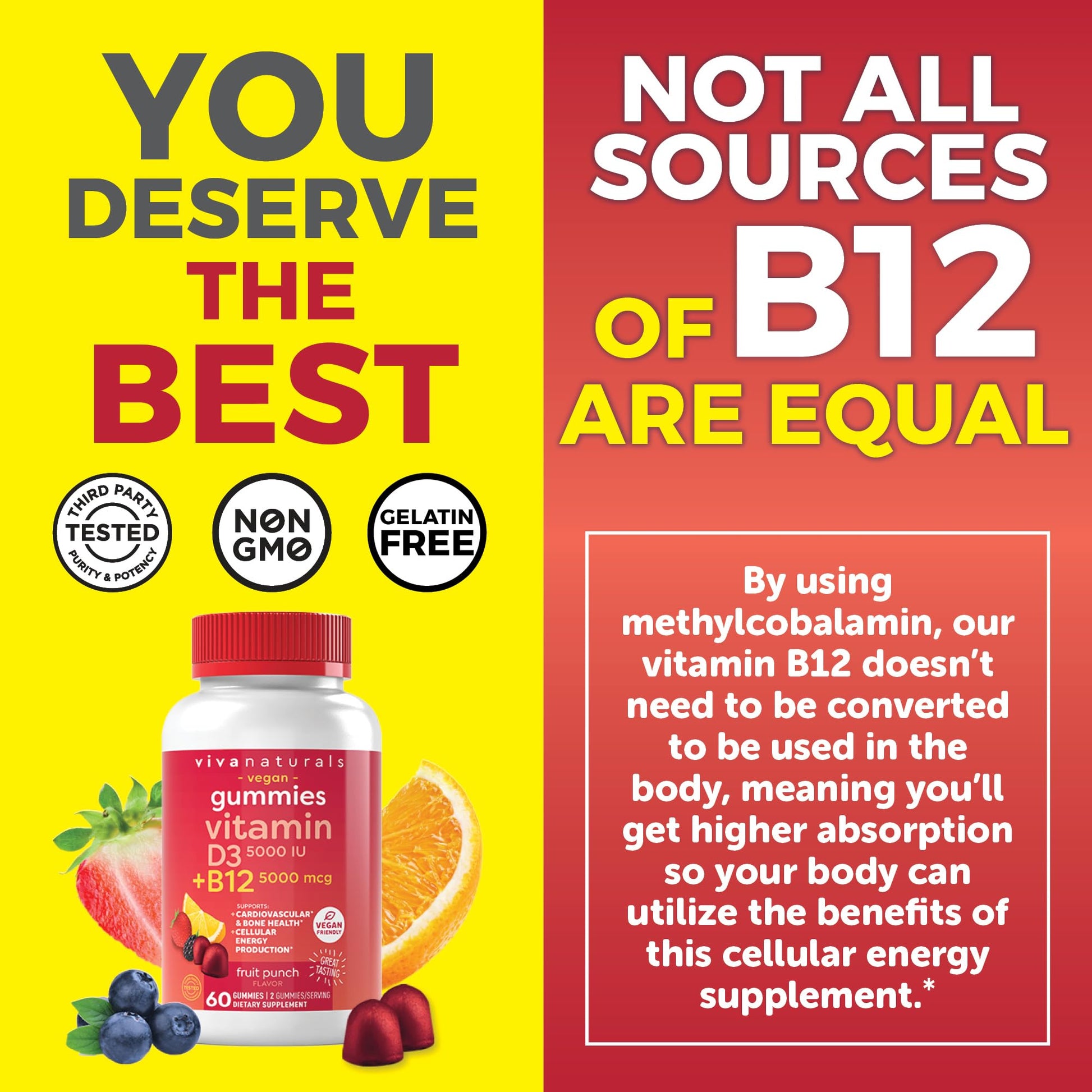 Viva Naturals Plant-Based B12 Gummies with Vitamin D3 - Chewable 5000mcg B12 Viva NaturalsAu supplements