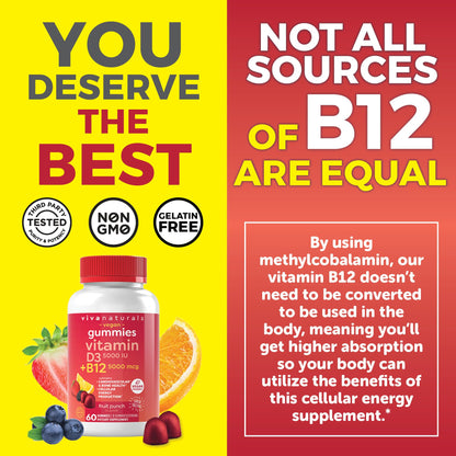 Viva Naturals Plant-Based B12 Gummies with Vitamin D3 - Chewable 5000mcg B12 Viva NaturalsUS supplements