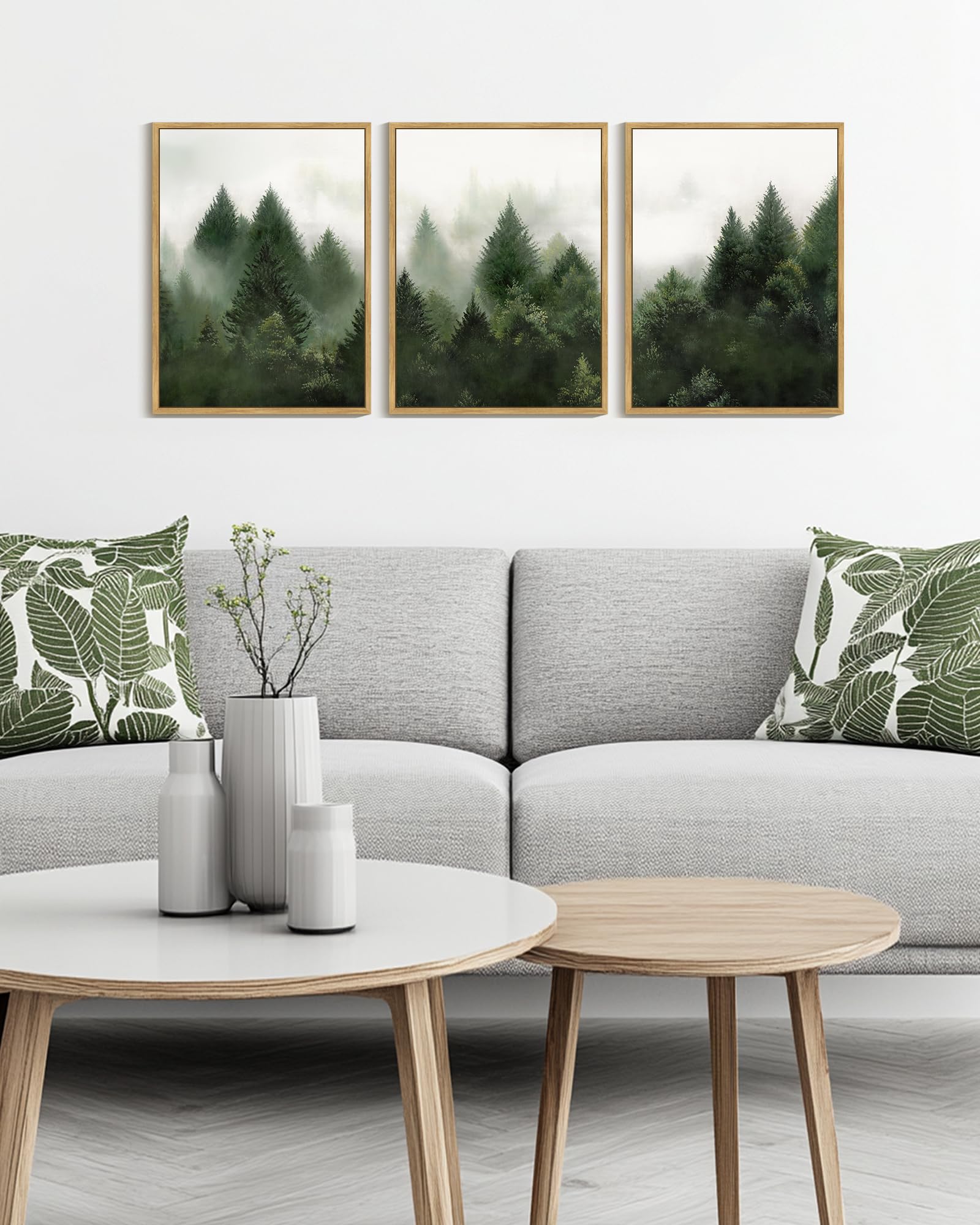 KUVIOKE Morden Green Fog Pine Tree Framed Canvas Wall Art Nature Nordic Forests Artwork Painting Bedroom Decor 12x16in (Natural Framed) KUVIOKEAu supplements