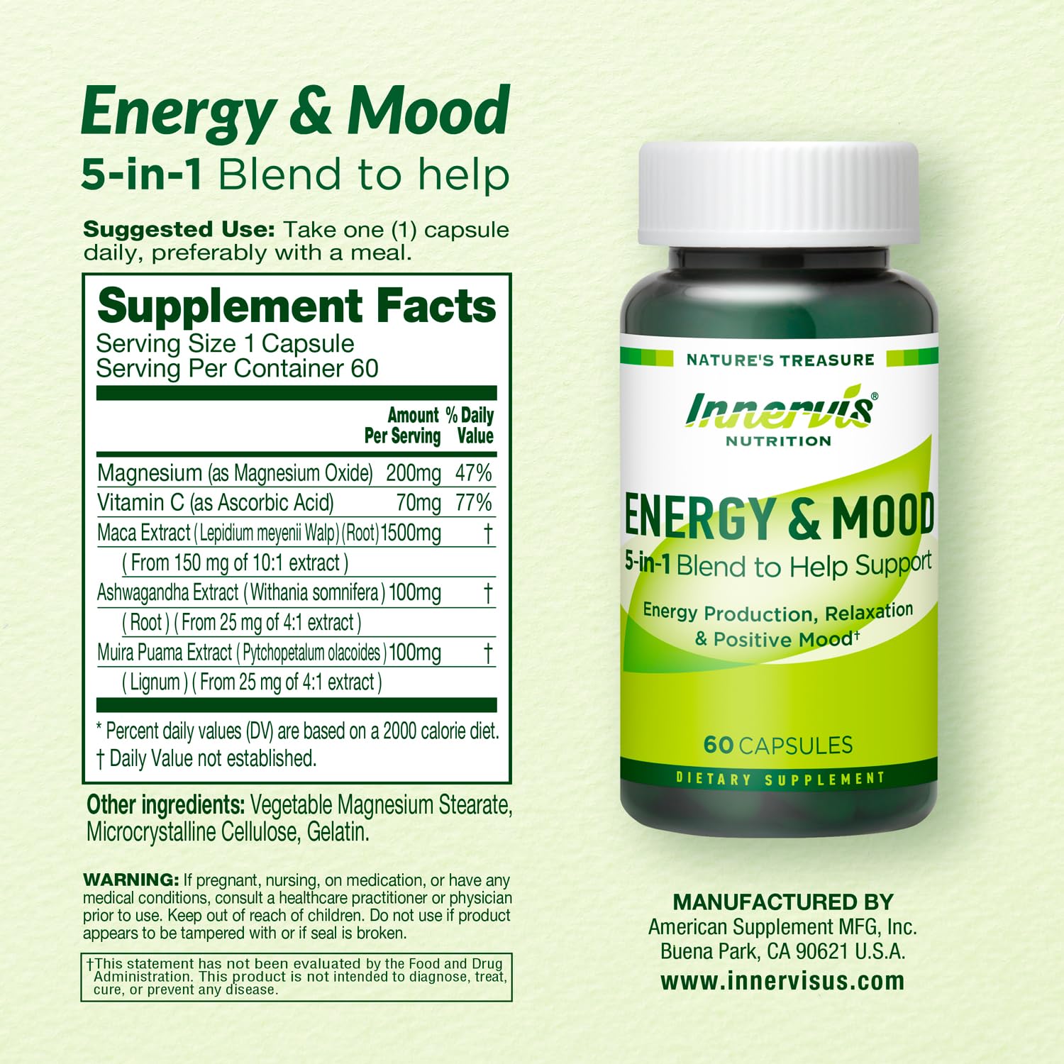 Caffeine Free Natural Energy Boost with Ashwagandha, Maca & Magnesium - Support Stress Relief, Focus & Mood - 60 Capsules by Innervis Nutrition INNERVISNUTRITIONAu supplements