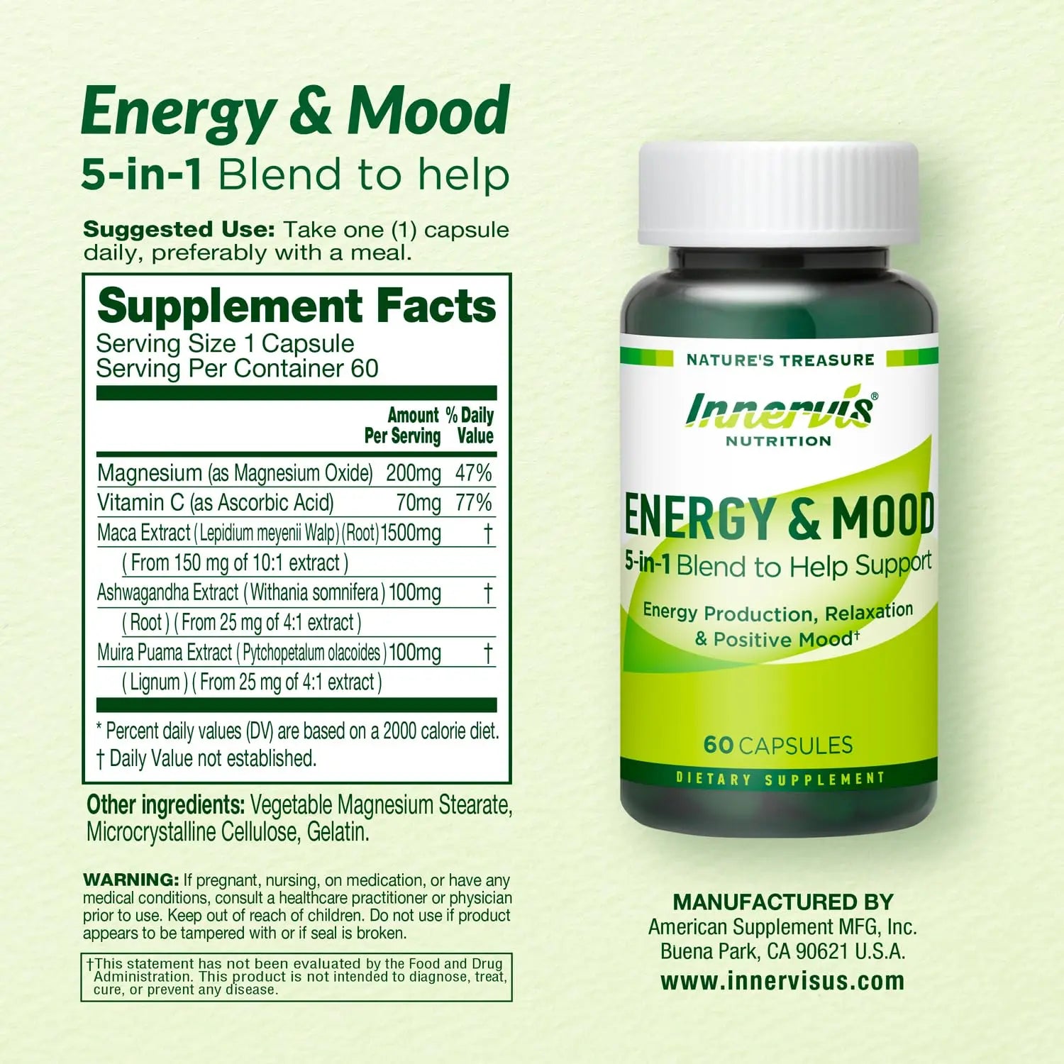 Caffeine Free Natural Energy Boost with Ashwagandha, Maca & Magnesium - Support Stress Relief, Focus & Mood - 60 Capsules by Innervis Nutrition INNERVISNUTRITIONnz supplements