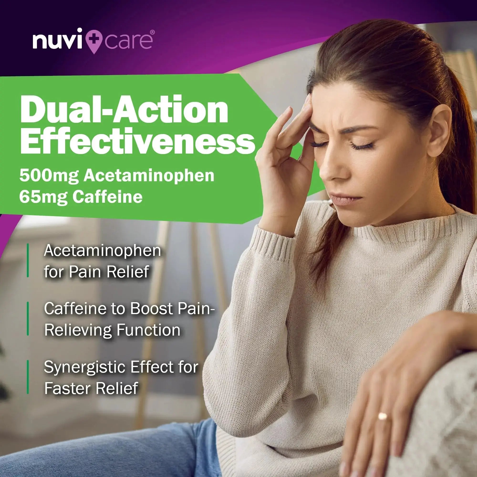 Nuvicare Tension Headache Relief Pills with 500mg Acetaminophen and 65mg Caffeine - Non Aspirin Pain Reliever Aid - Compare to Active Ingredient in Aspirin Free Excedrin Tension Headache (100 Caplets) NUVICAREAu supplements