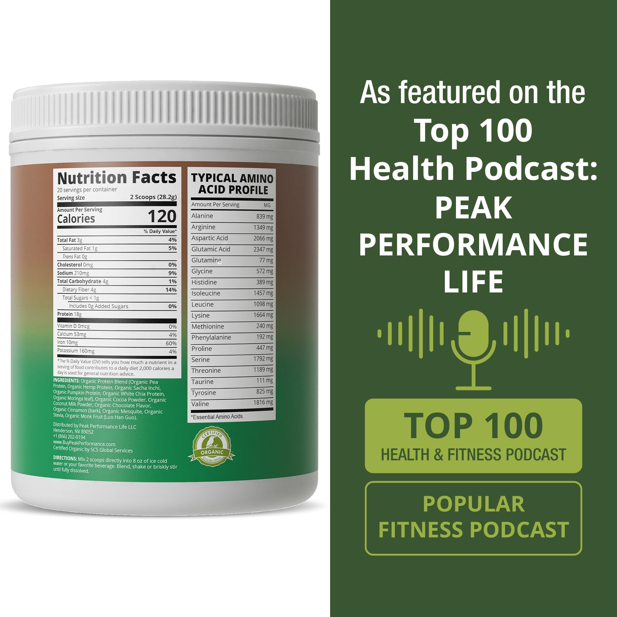 Peak Performance Organic Paleo Grain Free Plant Based Raw Vegan Protein Powder. Amazing Amino Acid Profile and Less Than 1g of Sugar. with Hemp and Pea Protein Chocolate Flavored Peak PerformanceAu supplements