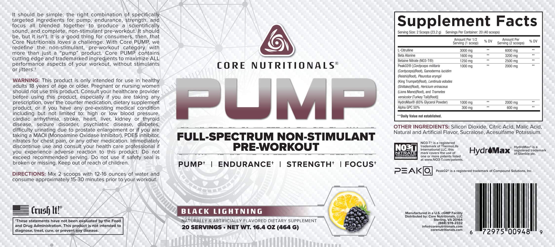 Core Nutritionals Pump Full-Spectrum Non-Stimulant Pre-Workout, with N03T Nitrate Core NutritionalsAu supplements
