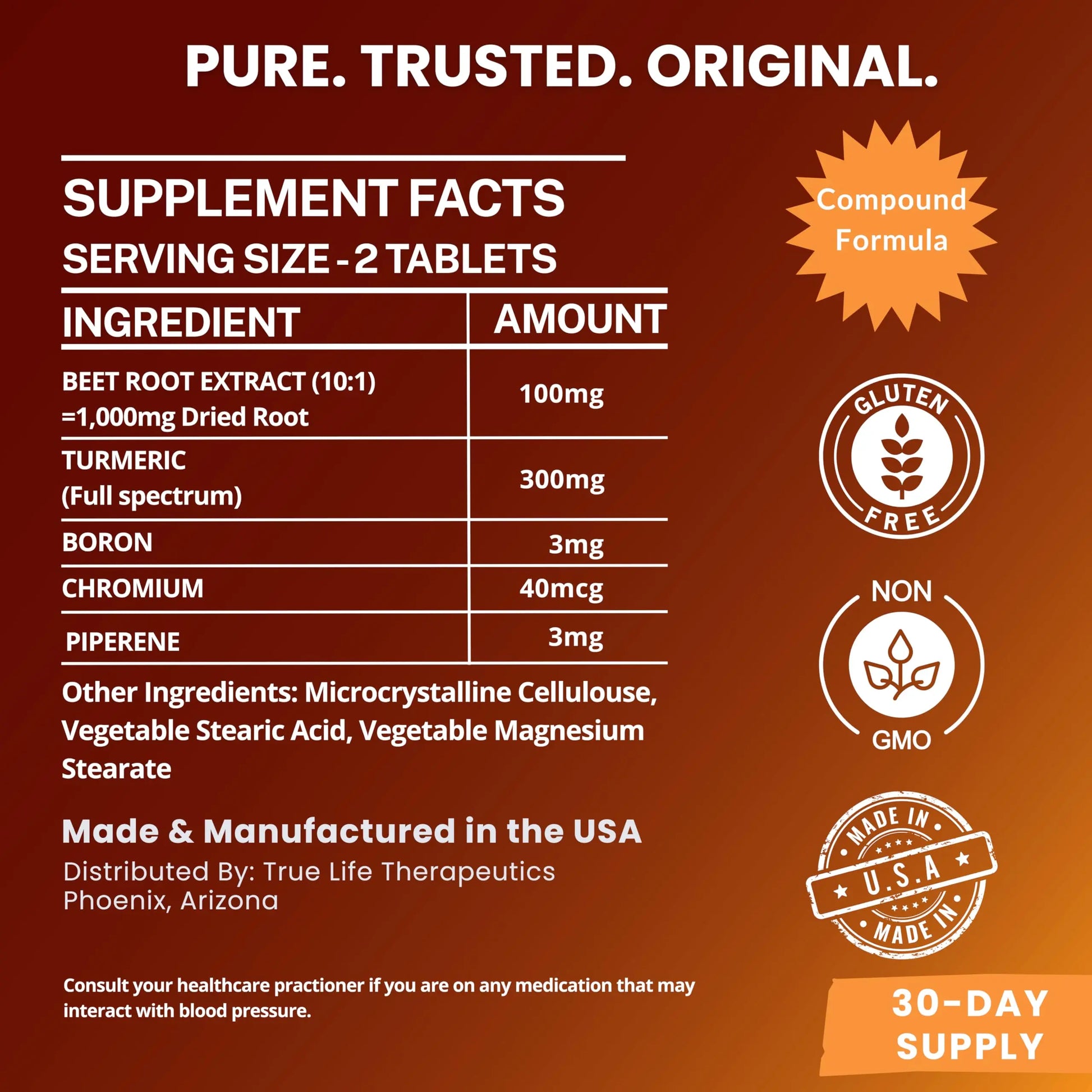 Body Support Tablets – Beet Root Extract, Turmeric Boron & Chromium – Supports Inflammation, Circulation, Hormonal Balance & Metabolic Function – 60ct - 30 Servings True Life TherapeuticsAu supplements
