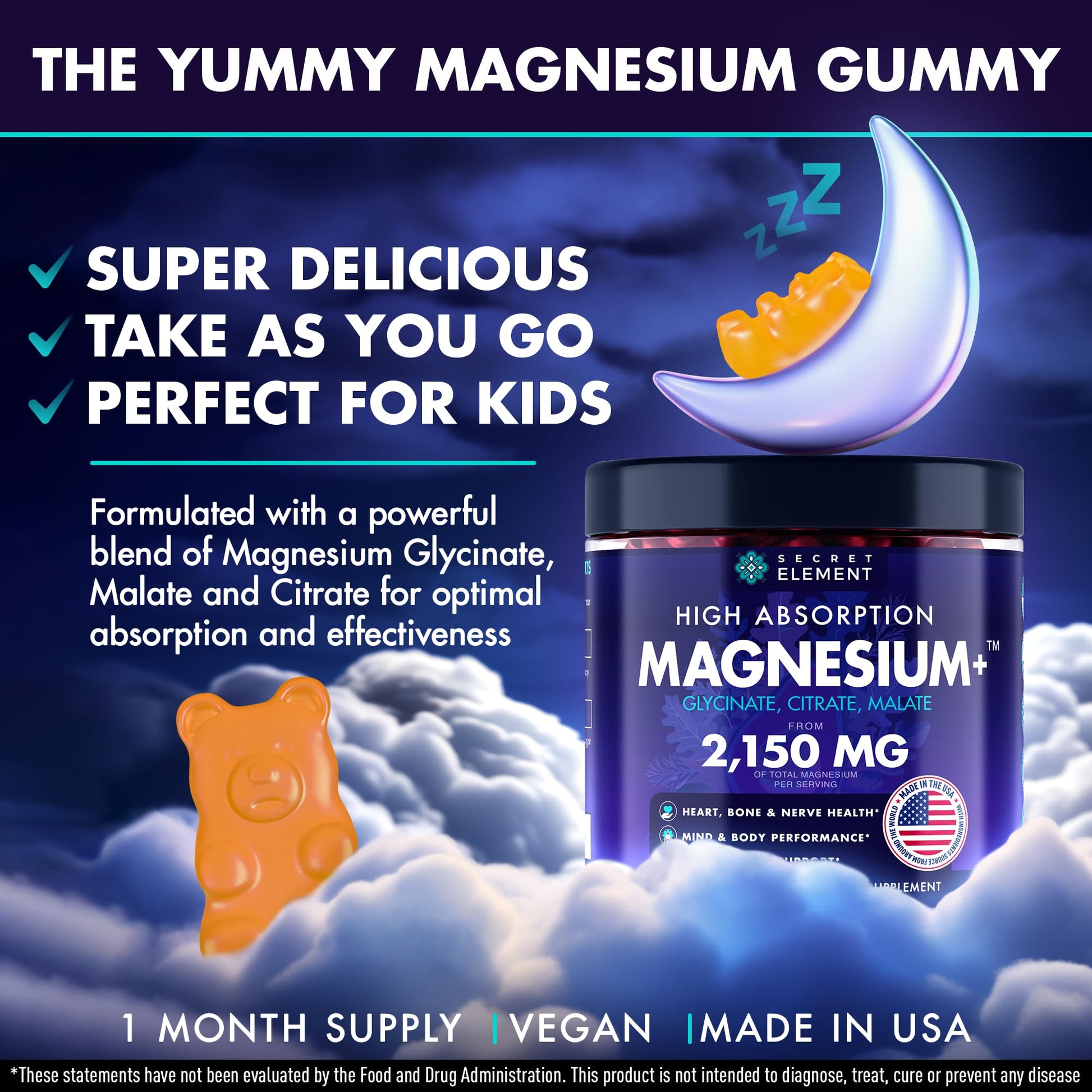 Magnesium Glycinate 2150MG Gummies for Women and Men, High Absorption Magnesium Glycinate, Citrate, Malate Gummies for Adults & Kids, Sleep Support, Sugar Free, Vegan, 60 Chews, Orange Secret ElementAu supplements