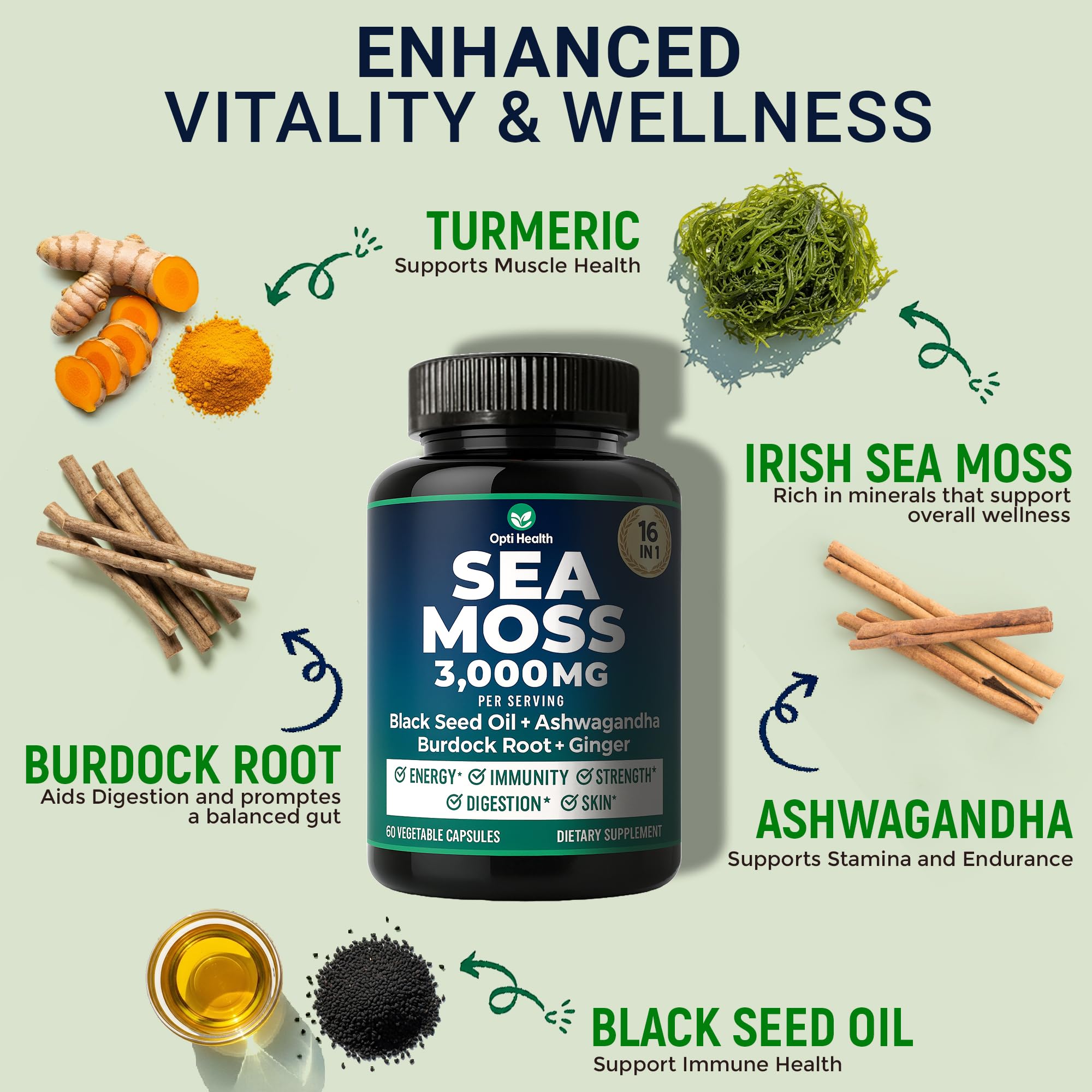 Sea Moss Black Seed Oil Ashwagandha Ginger - Advanced Irish Sea Moss Capsules All in One Supplement with Seamoss Black Seed Oil Ashwagandha Burdock Root Bladderwrack - Pills for Energy, Immune, Gut Opti HealthAu supplements